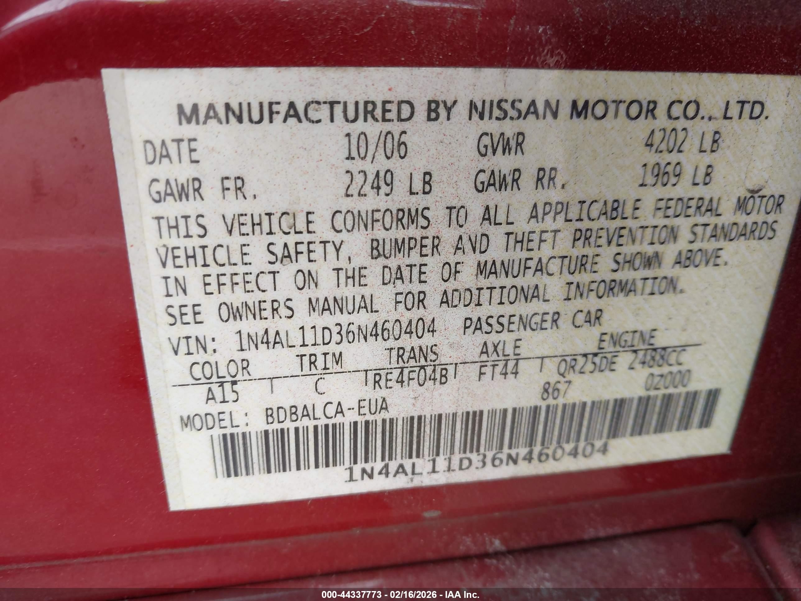 2006 Nissan Altima 2.5 S Red vin: 1N4AL11D36N460404