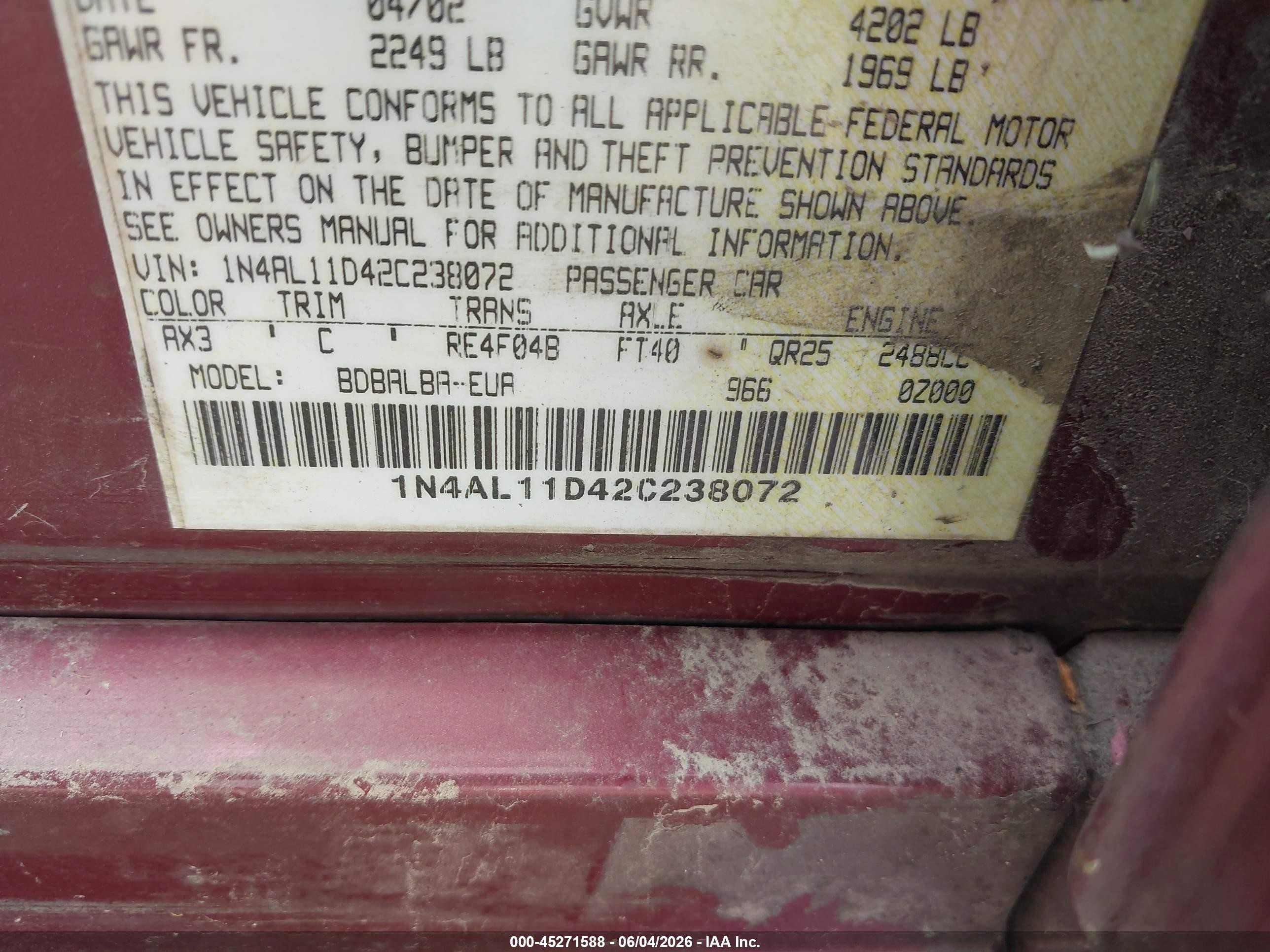 2002 Nissan Altima 2.5 S Red vin: 1N4AL11D42C238072
