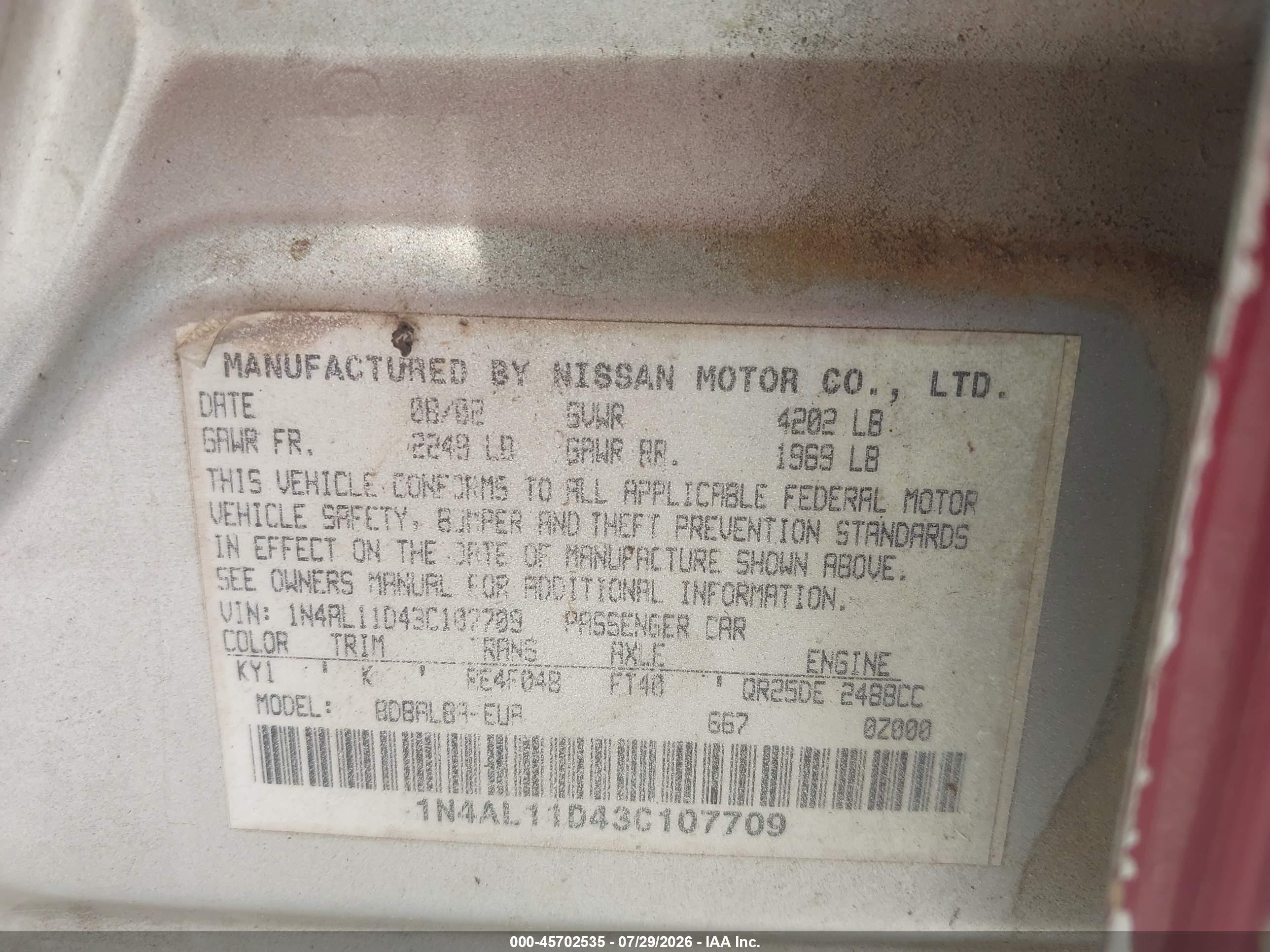 2003 Nissan Altima 2.5 S Silver vin: 1N4AL11D43C107709