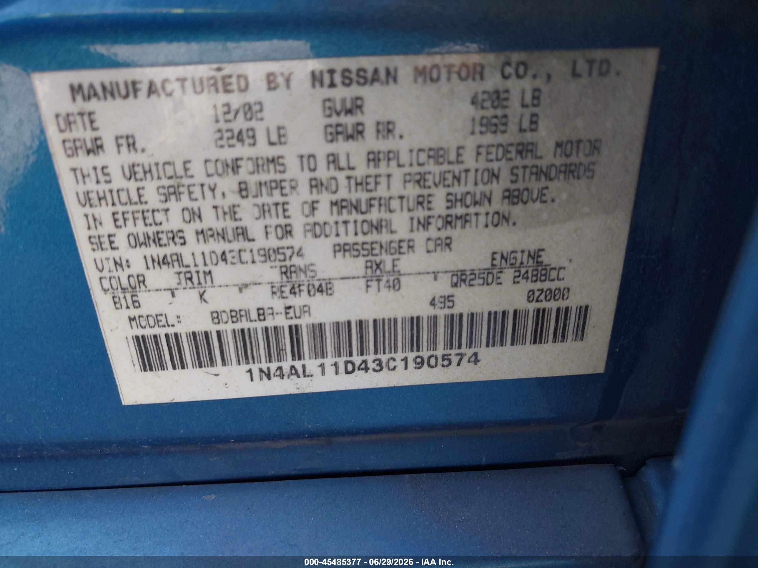 2003 Nissan Altima 2.5 S Blue vin: 1N4AL11D43C190574