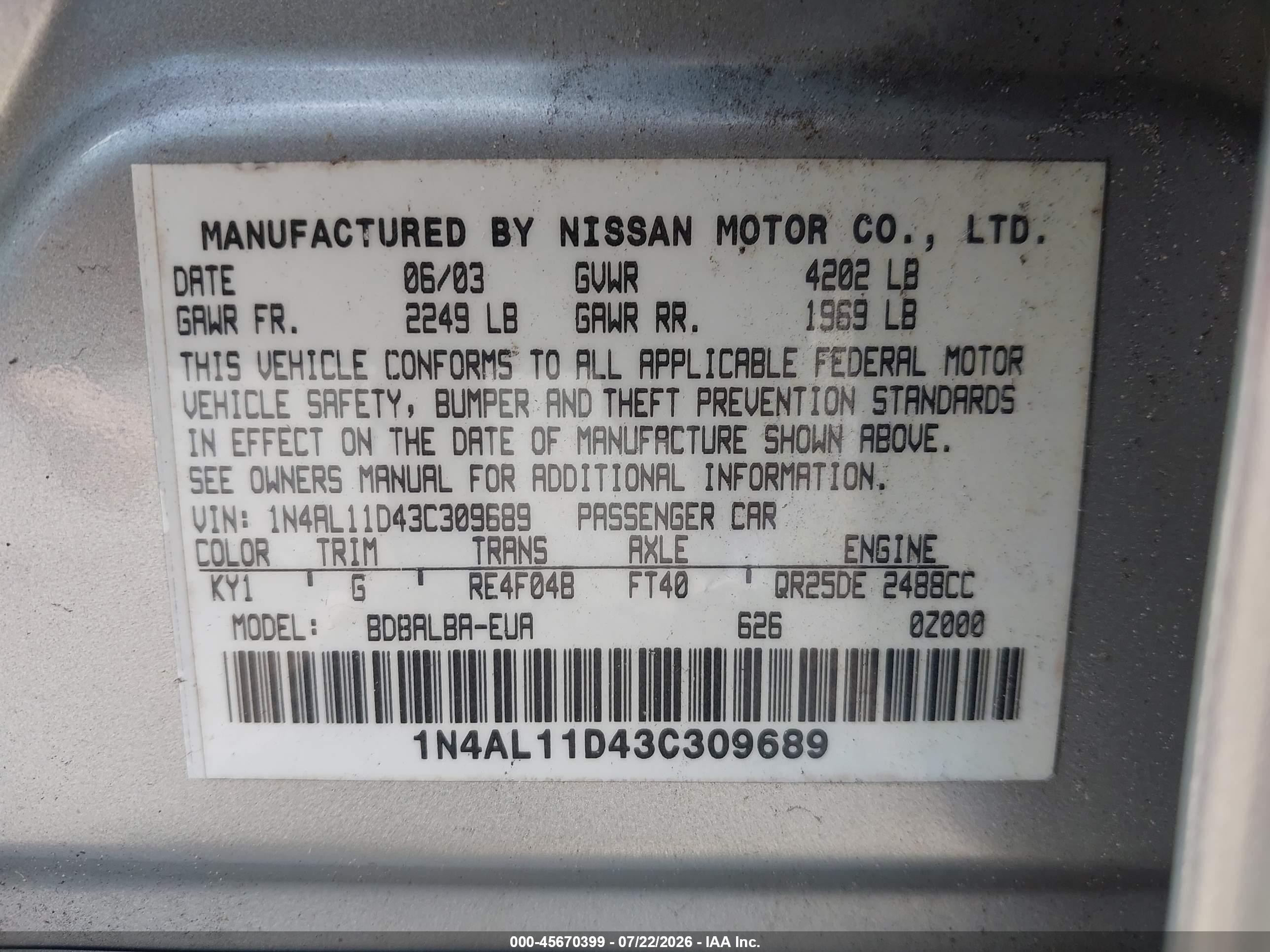 2003 Nissan Altima 2.5 S Silver vin: 1N4AL11D43C309689