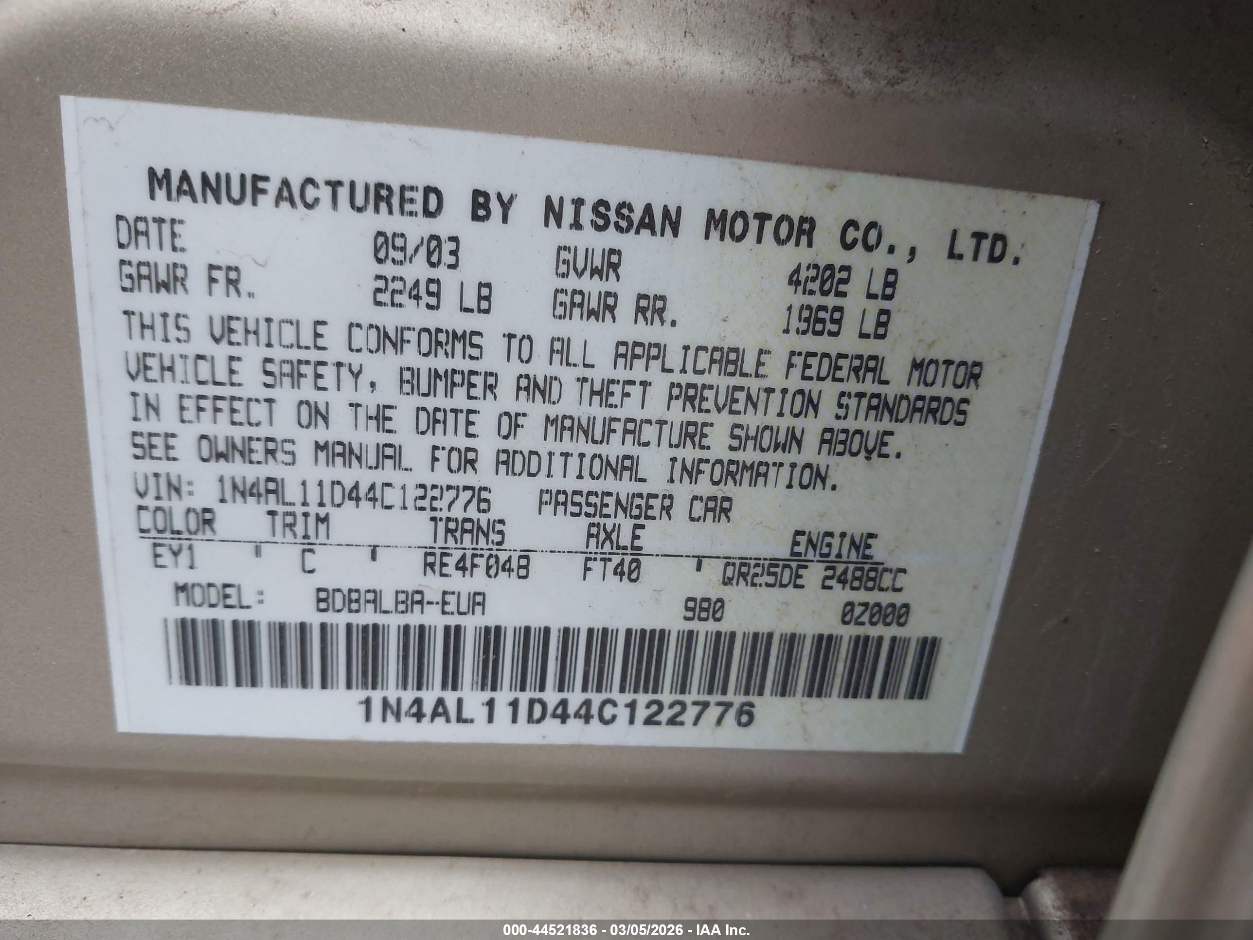 2004 Nissan Altima 2.5 S Gold vin: 1N4AL11D44C122776