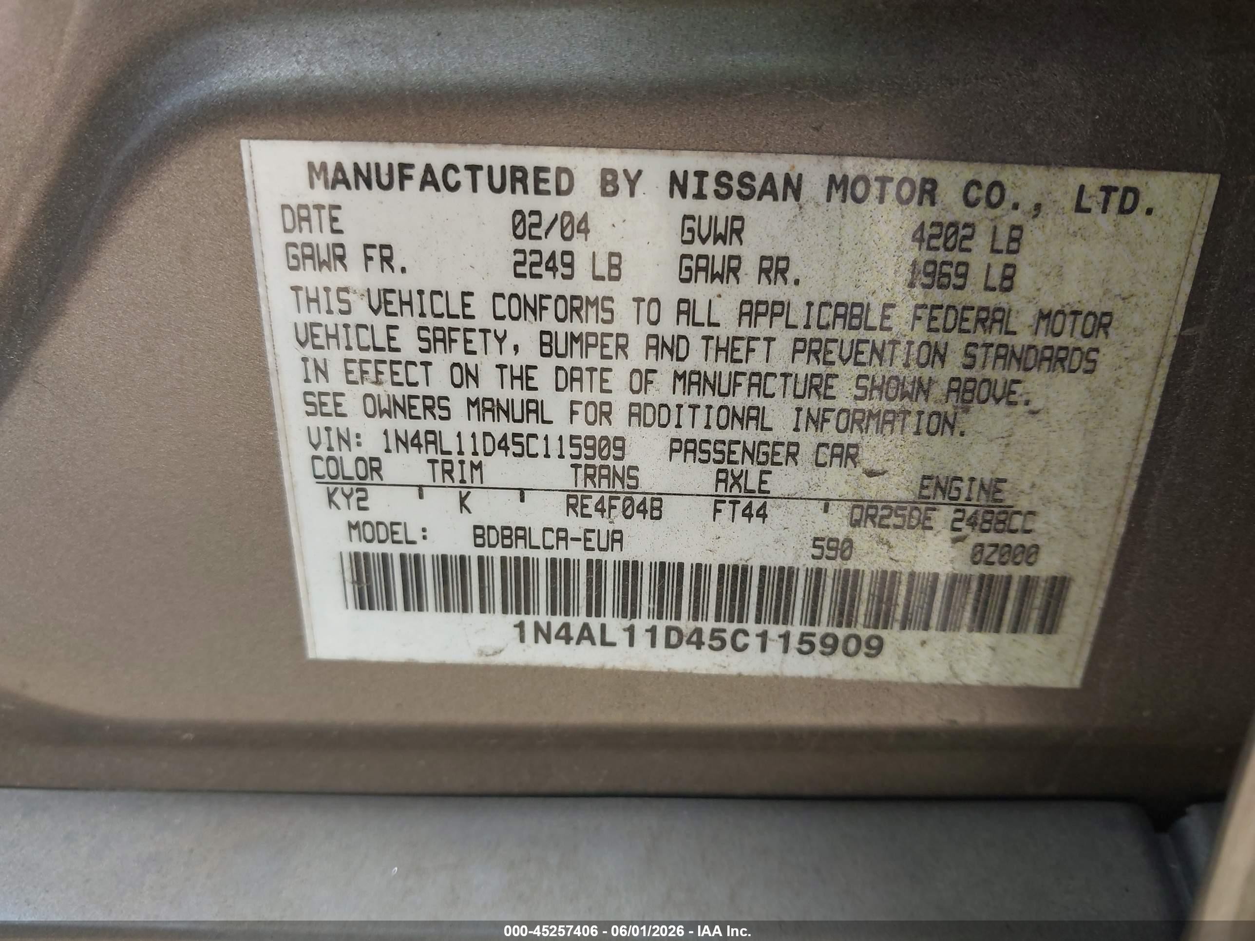 2005 Nissan Altima 2.5 S Brown vin: 1N4AL11D45C115909