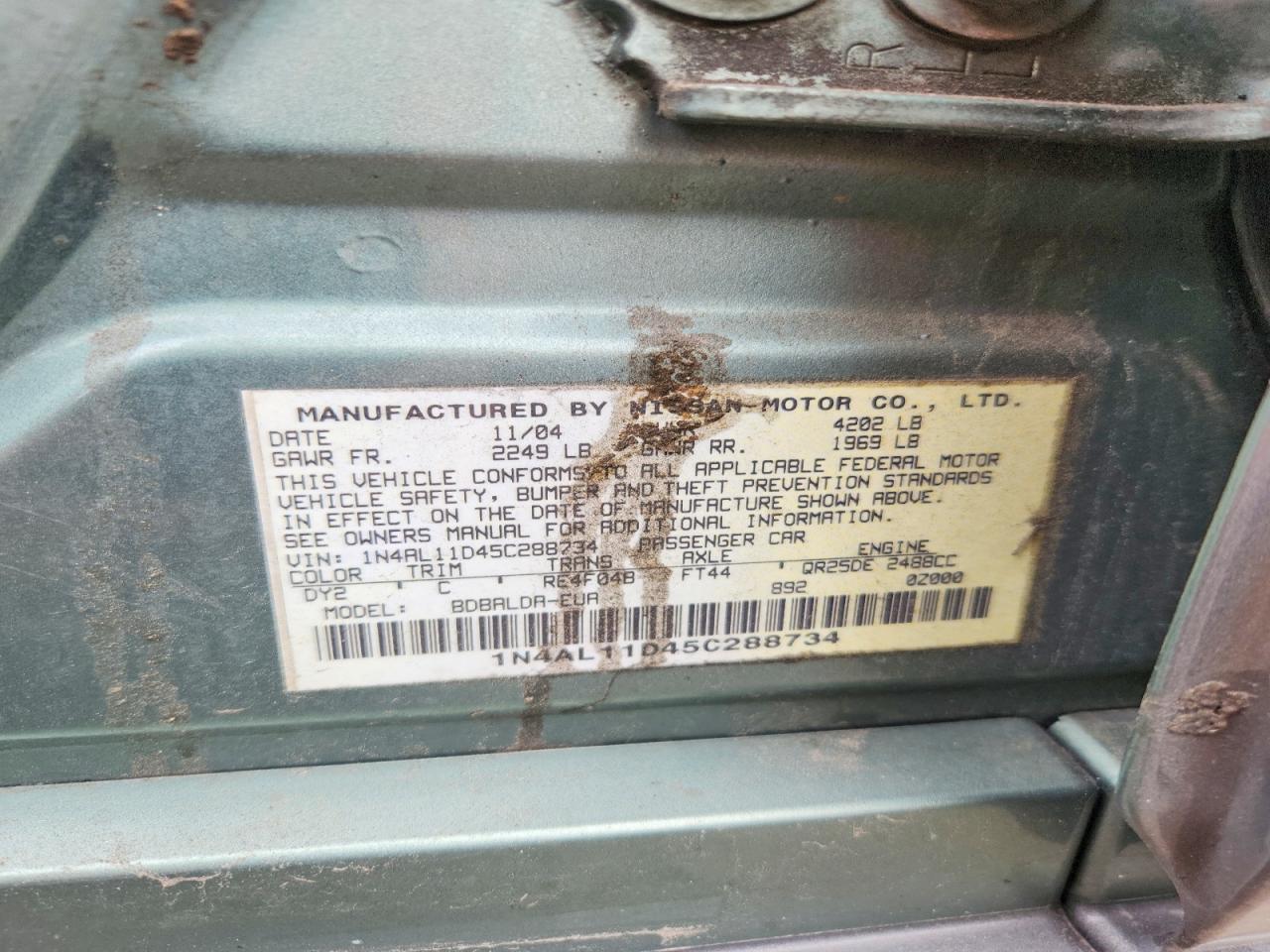 2005 Nissan Altima 2.5 Gray vin: 1N4AL11D45C288734