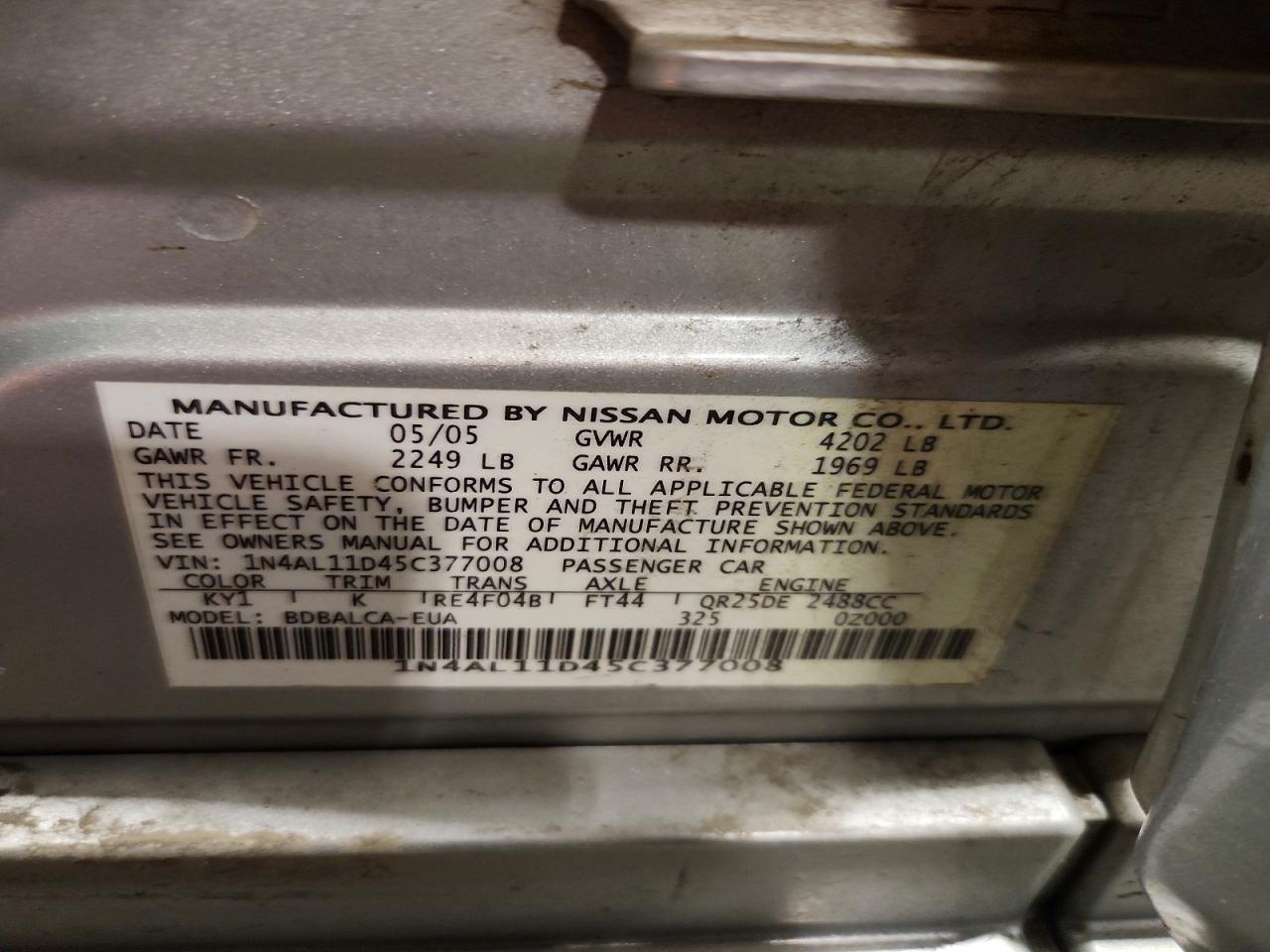 2005 Nissan Altima 2.5 Gray vin: 1N4AL11D45C377008