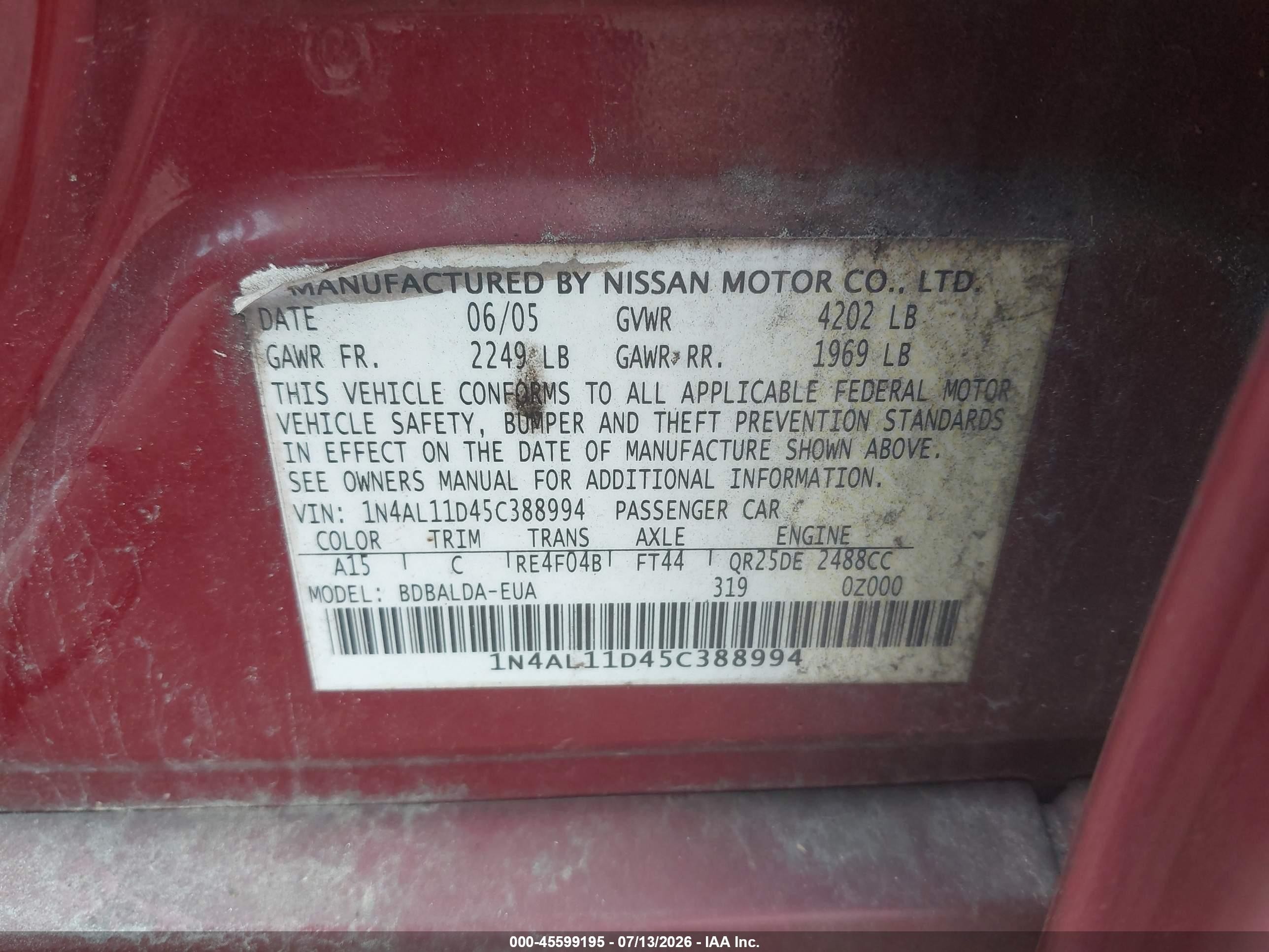 2005 Nissan Altima 2.5 S Бордовый vin: 1N4AL11D45C388994