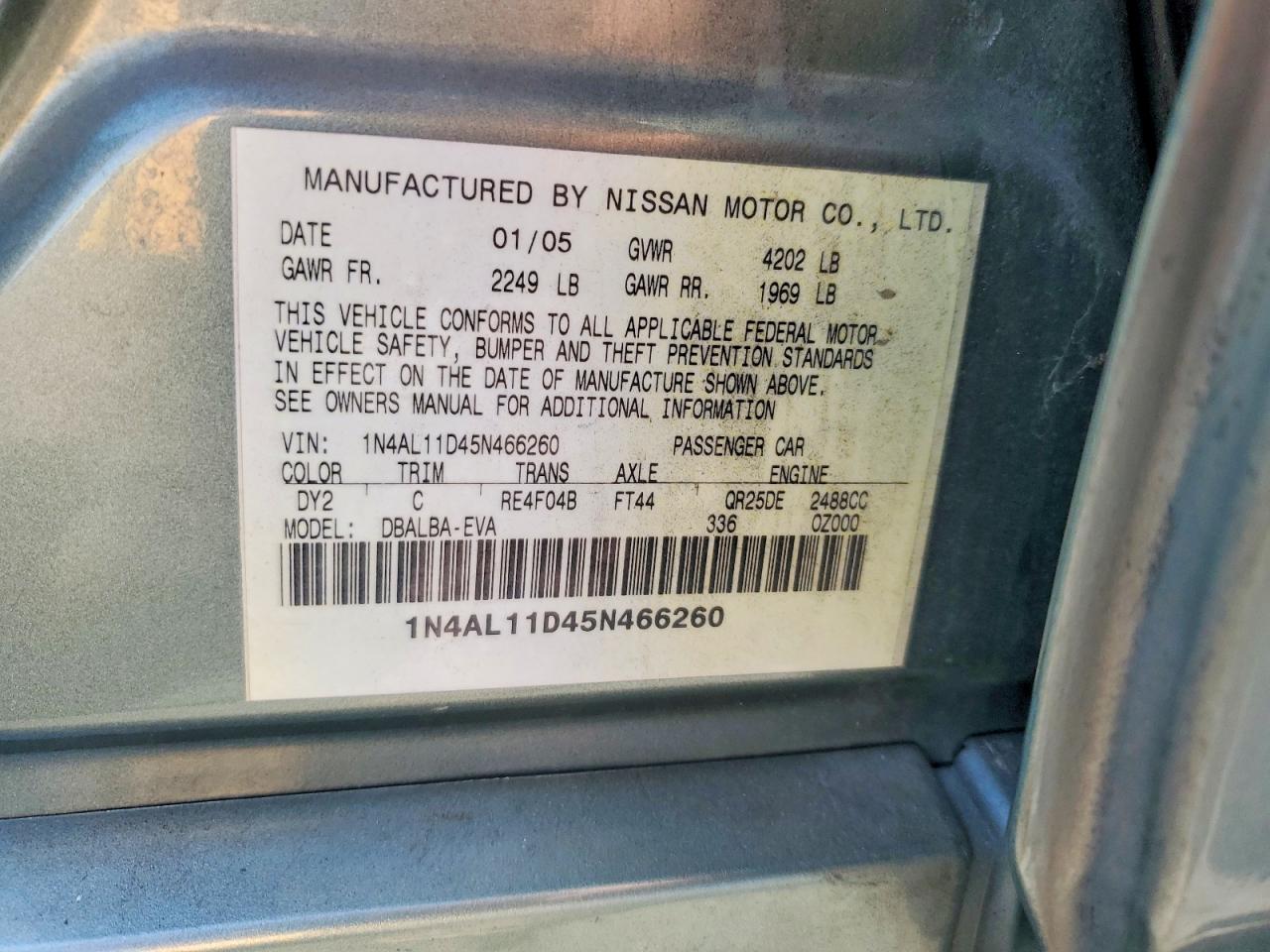 2005 Nissan Altima 2.5 Green vin: 1N4AL11D45N466260