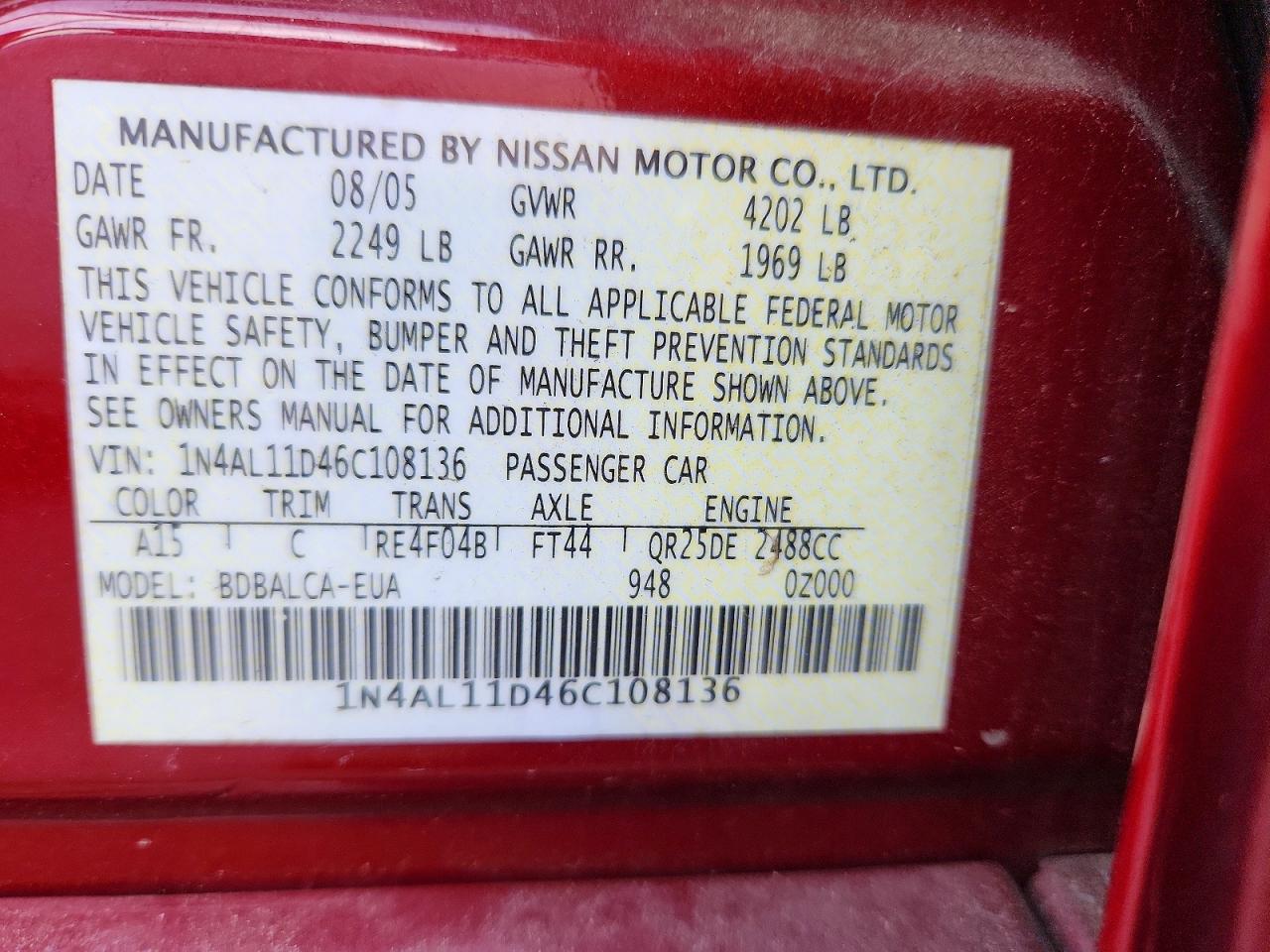 2006 Nissan Altima 2.5 Red vin: 1N4AL11D46C108136