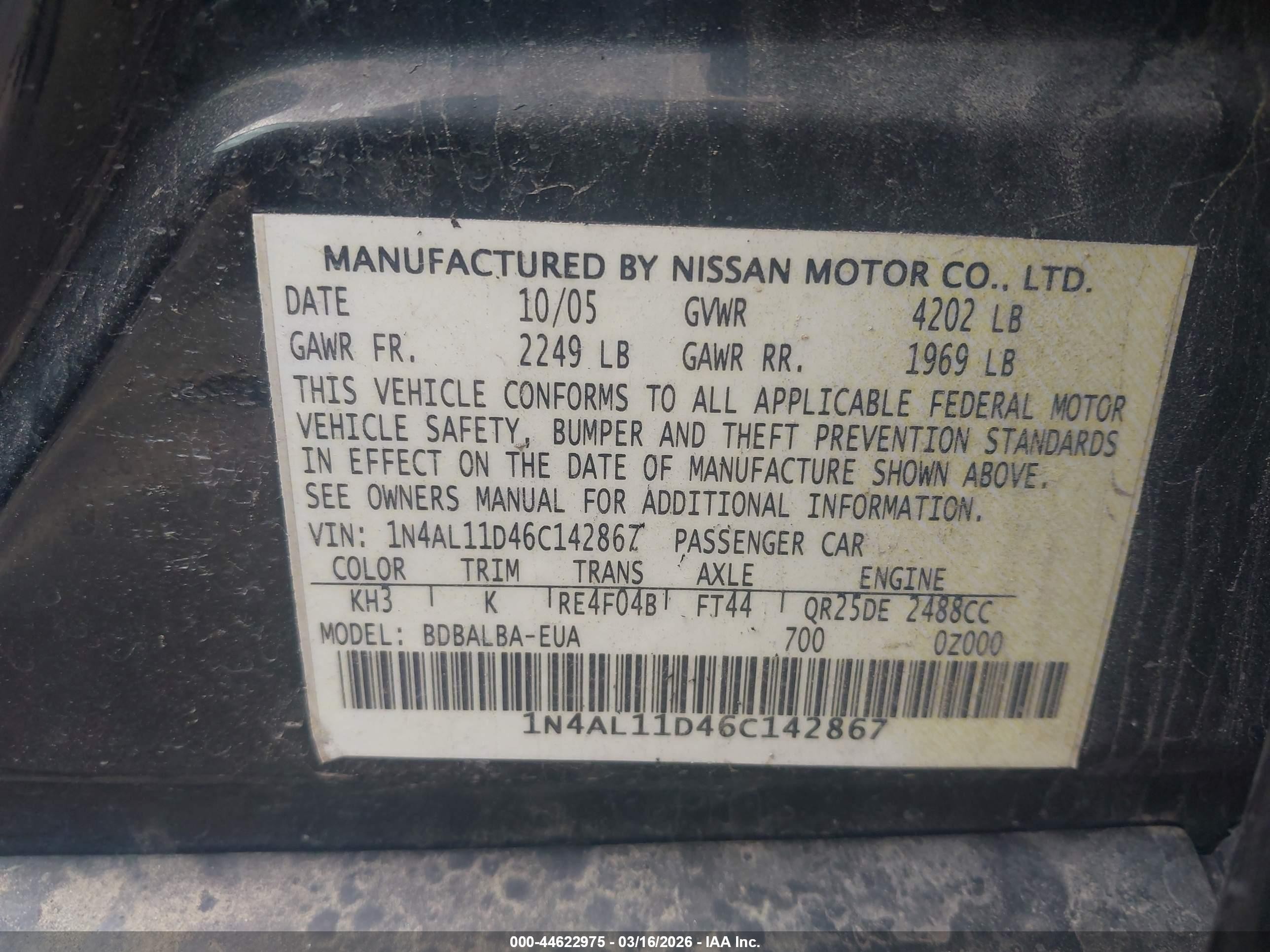 2006 Nissan Altima 2.5 S Black vin: 1N4AL11D46C142867