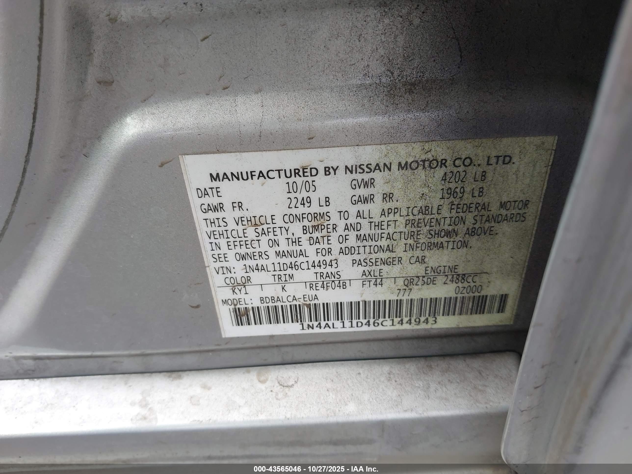 2006 Nissan Altima 2.5 S Silver vin: 1N4AL11D46C144943