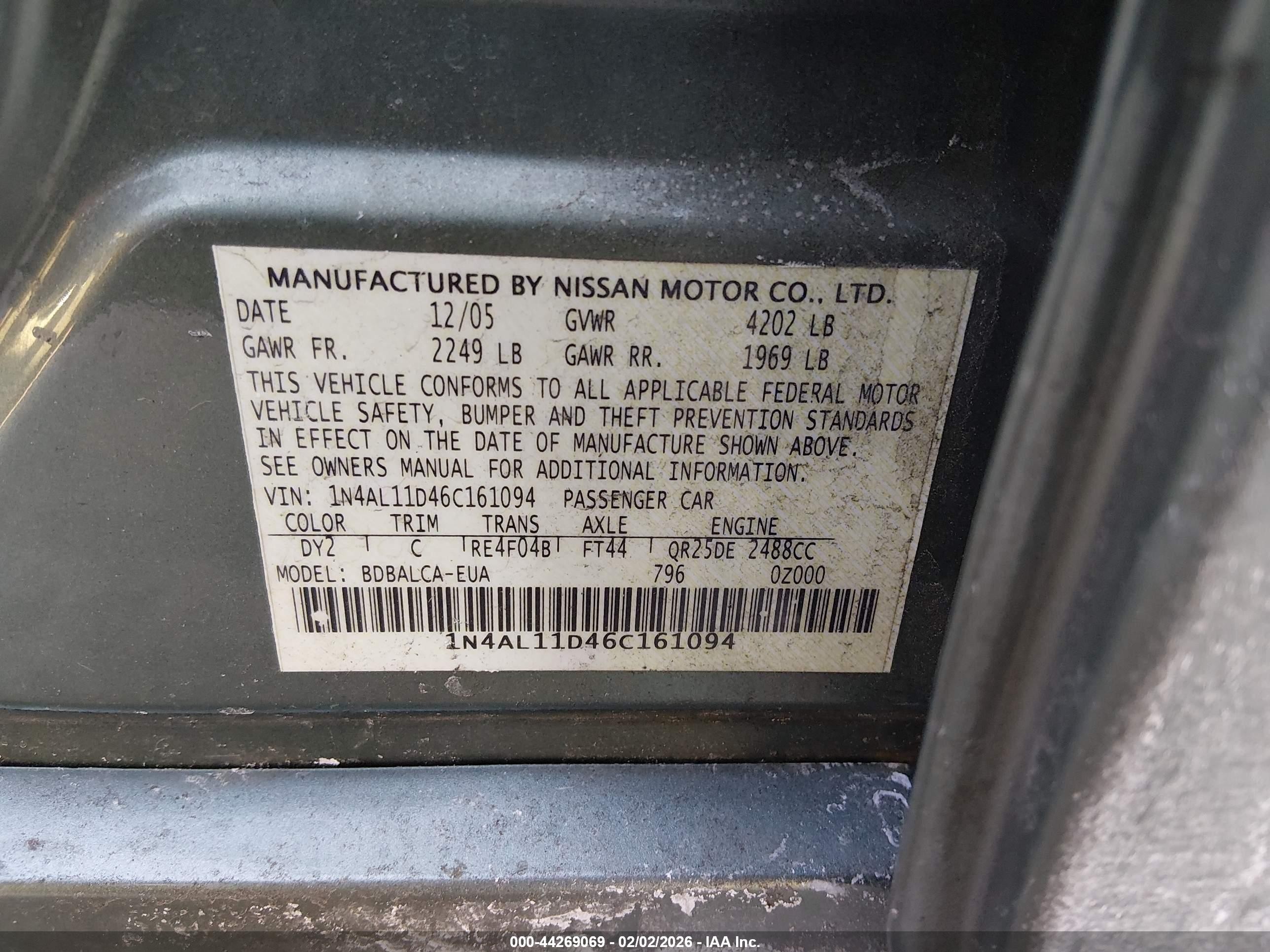 2006 Nissan Altima 2.5 S Green vin: 1N4AL11D46C161094