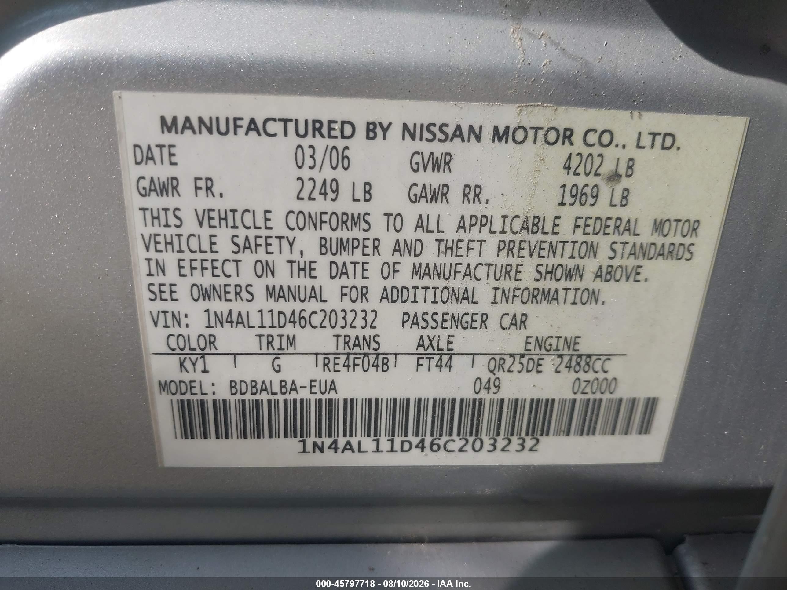 2006 Nissan Altima 2.5 S Silver vin: 1N4AL11D46C203232