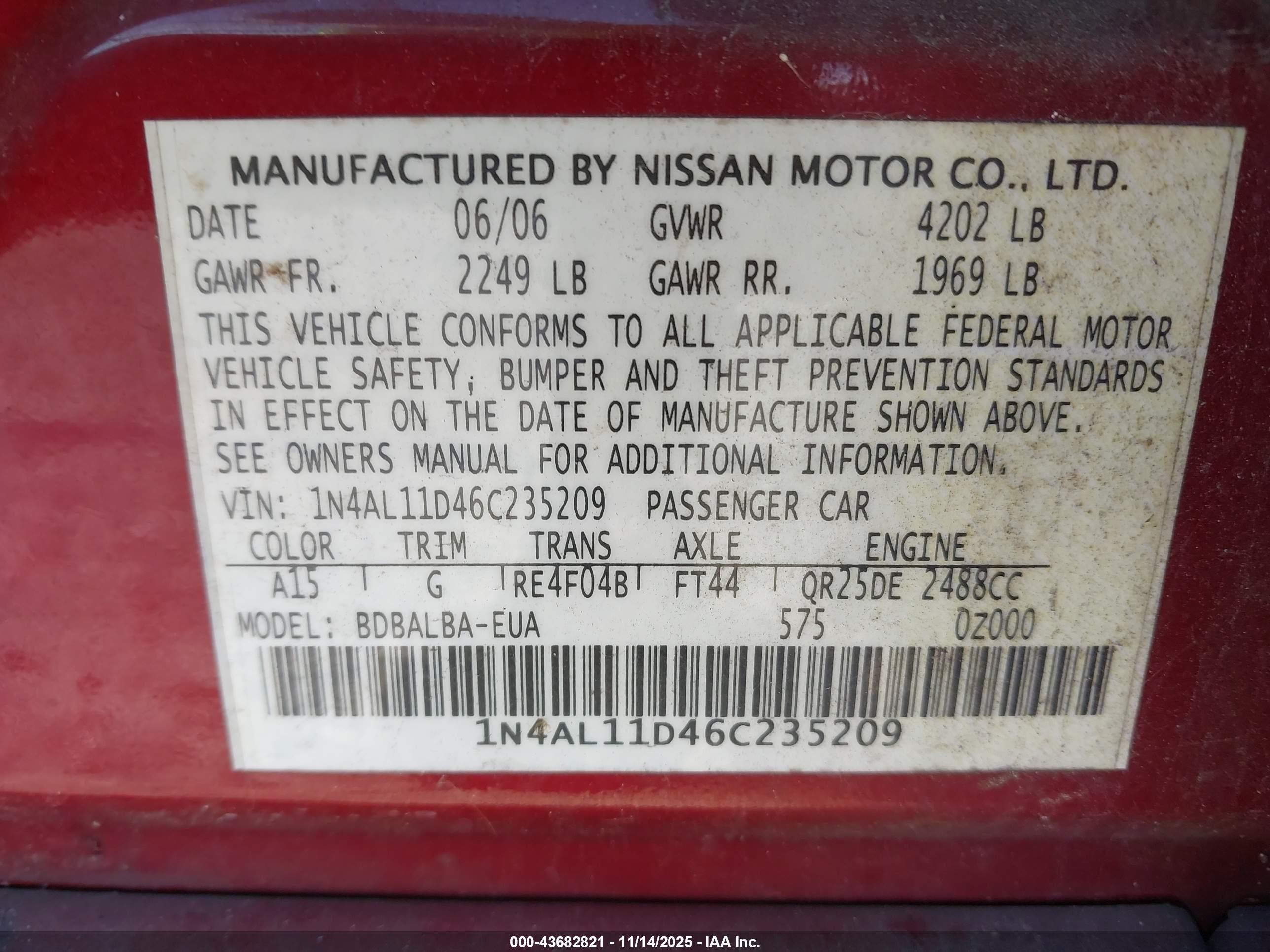 2006 Nissan Altima 2.5 S Red vin: 1N4AL11D46C235209