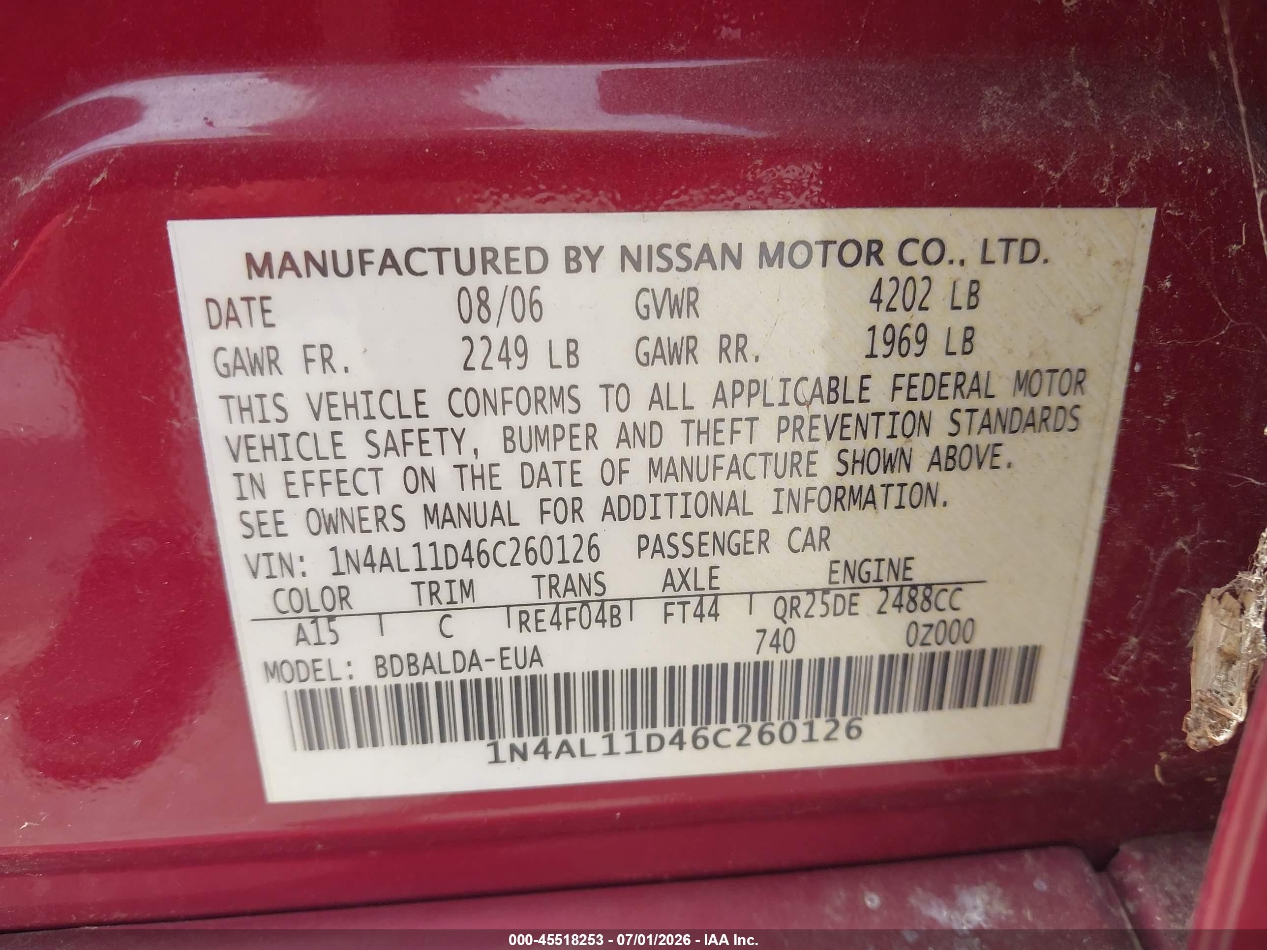 2006 Nissan Altima 2.5 S Red vin: 1N4AL11D46C260126