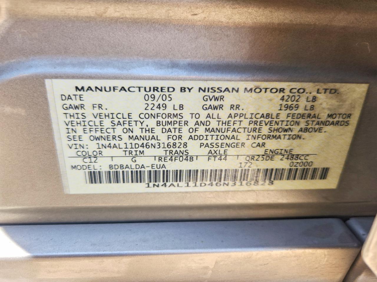 2006 Nissan Altima 2.5 Gold vin: 1N4AL11D46N316828