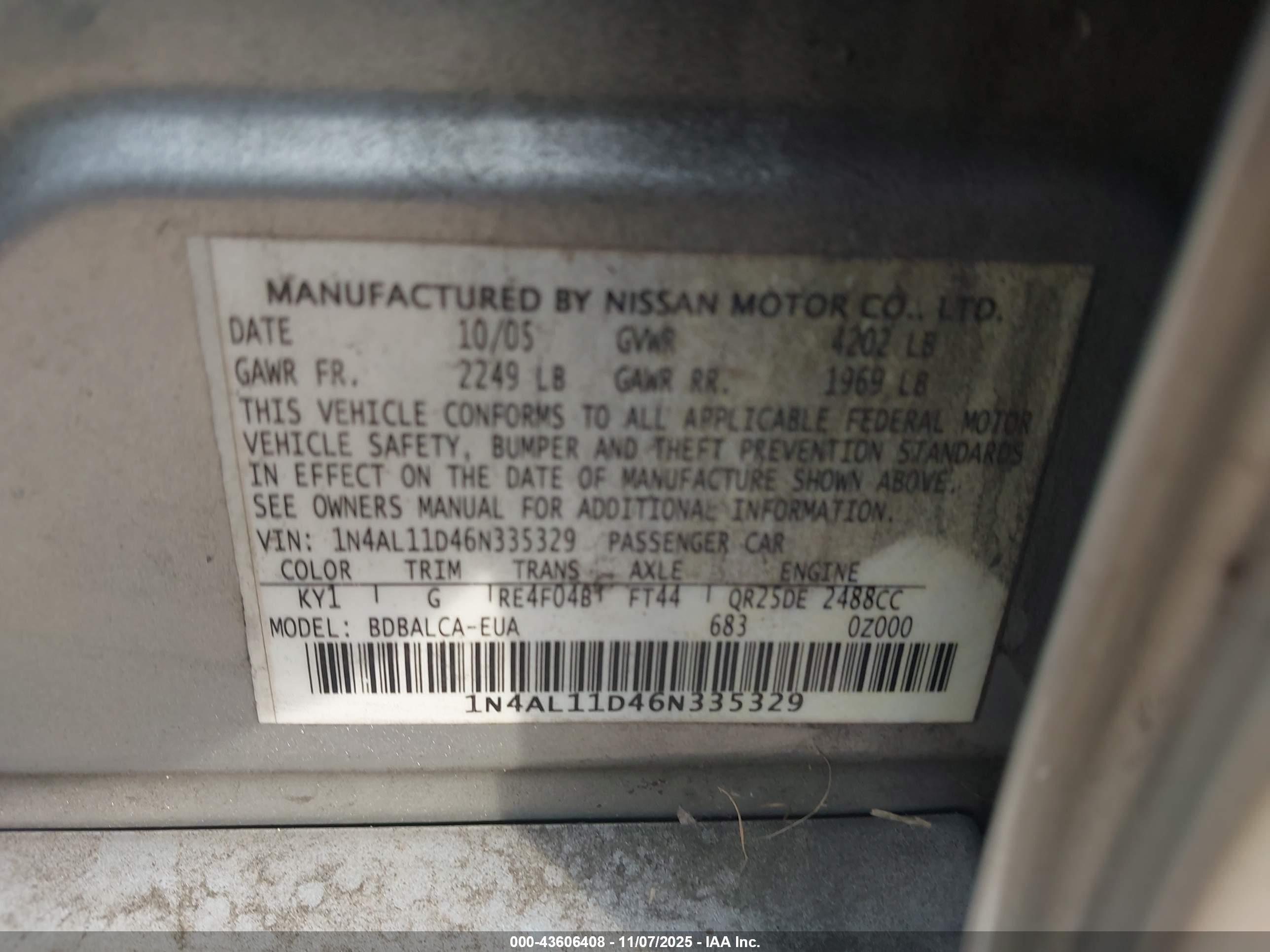 2006 Nissan Altima 2.5 S Silver vin: 1N4AL11D46N335329