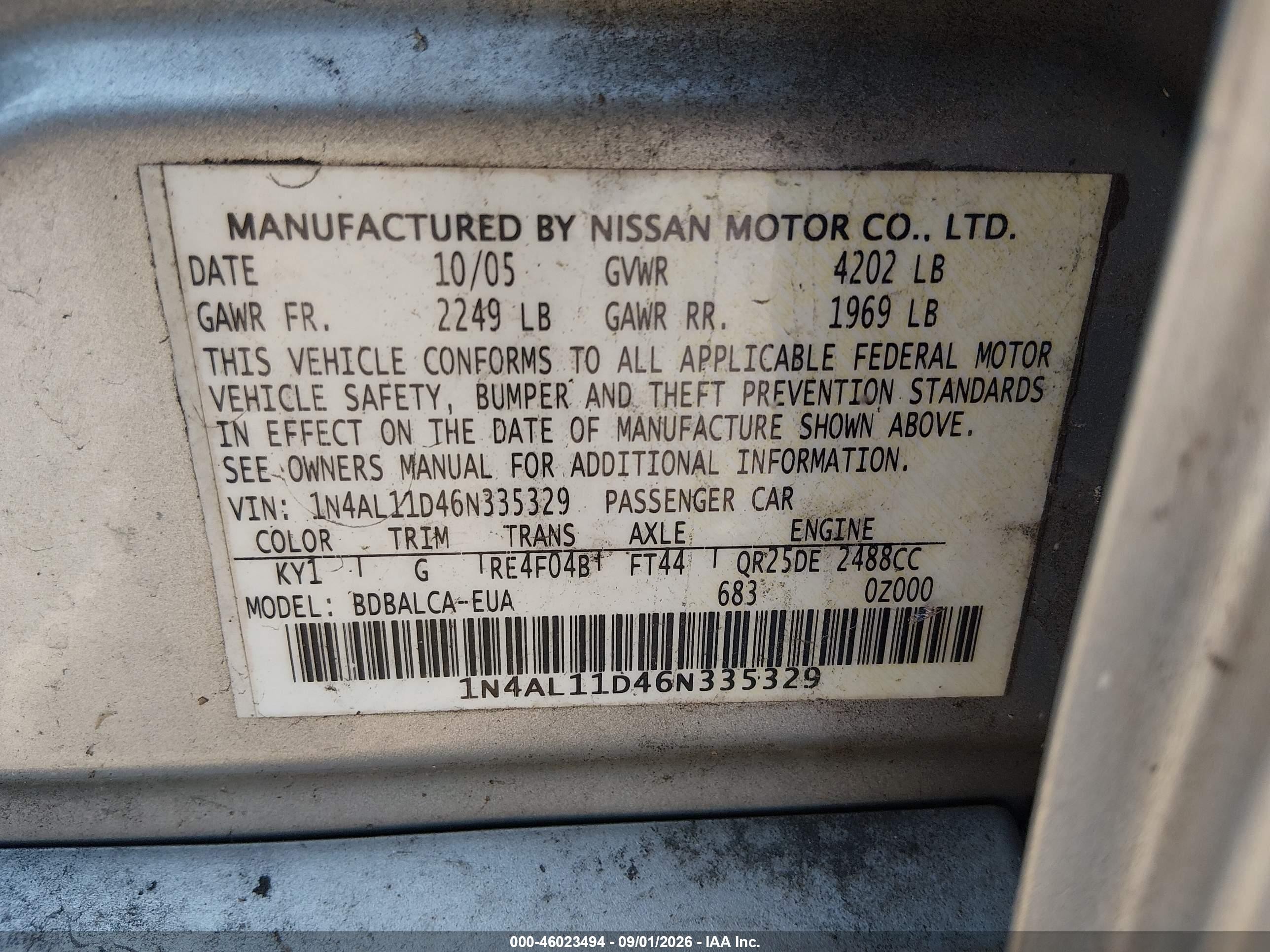 2006 Nissan Altima 2.5 S Silver vin: 1N4AL11D46N335329