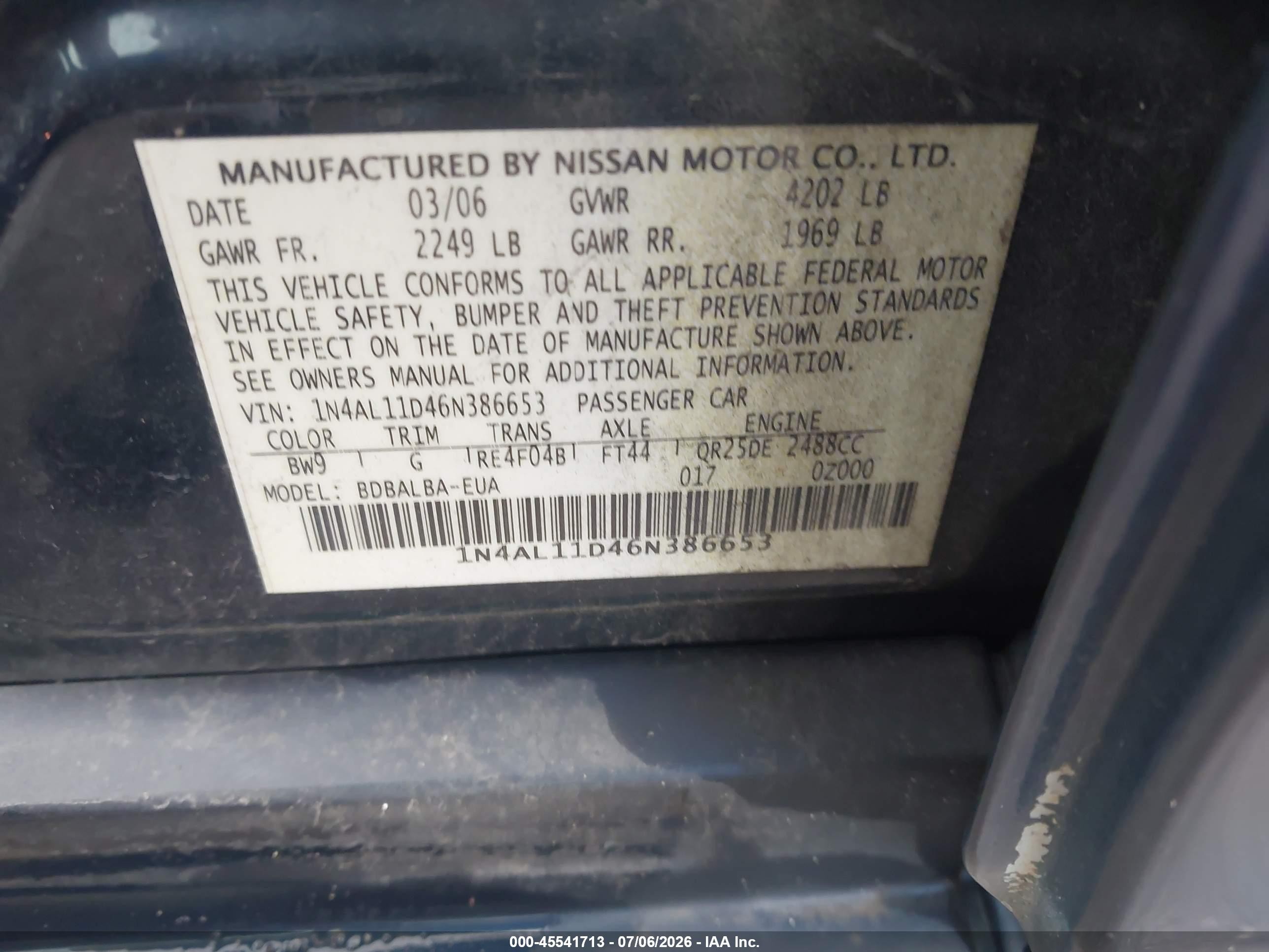 2006 Nissan Altima 2.5 S Blue vin: 1N4AL11D46N386653