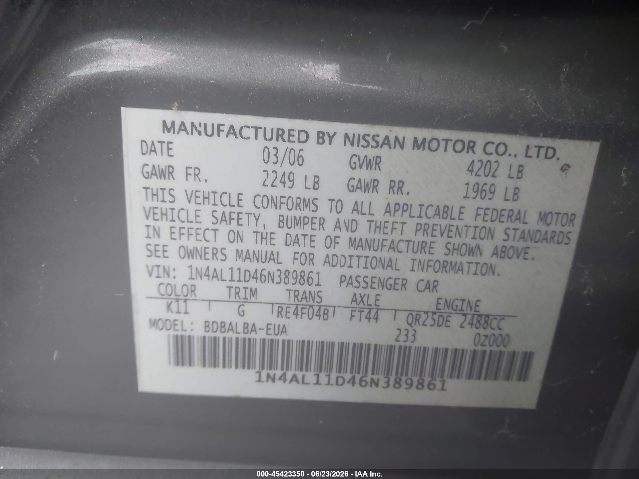 2006 Nissan Altima 2.5 S Gray vin: 1N4AL11D46N389861