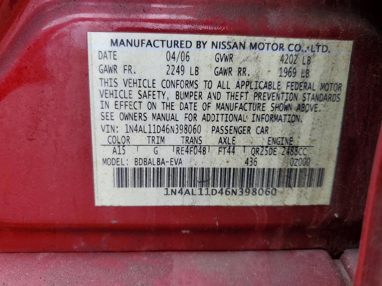 2006 Nissan Altima 2.5 Red vin: 1N4AL11D46N398060