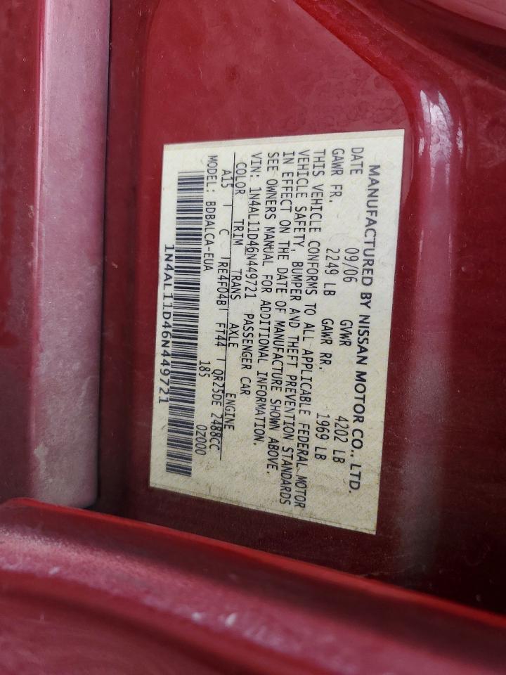 2006 Nissan Altima S Red vin: 1N4AL11D46N449721