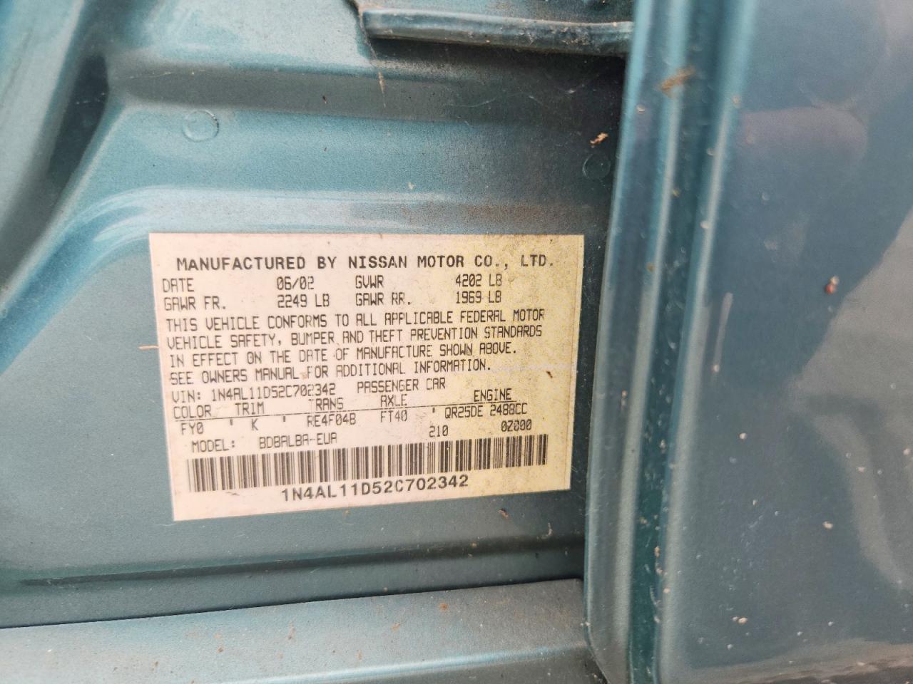 2002 Nissan Altima 2.5 Turquoise vin: 1N4AL11D52C702342