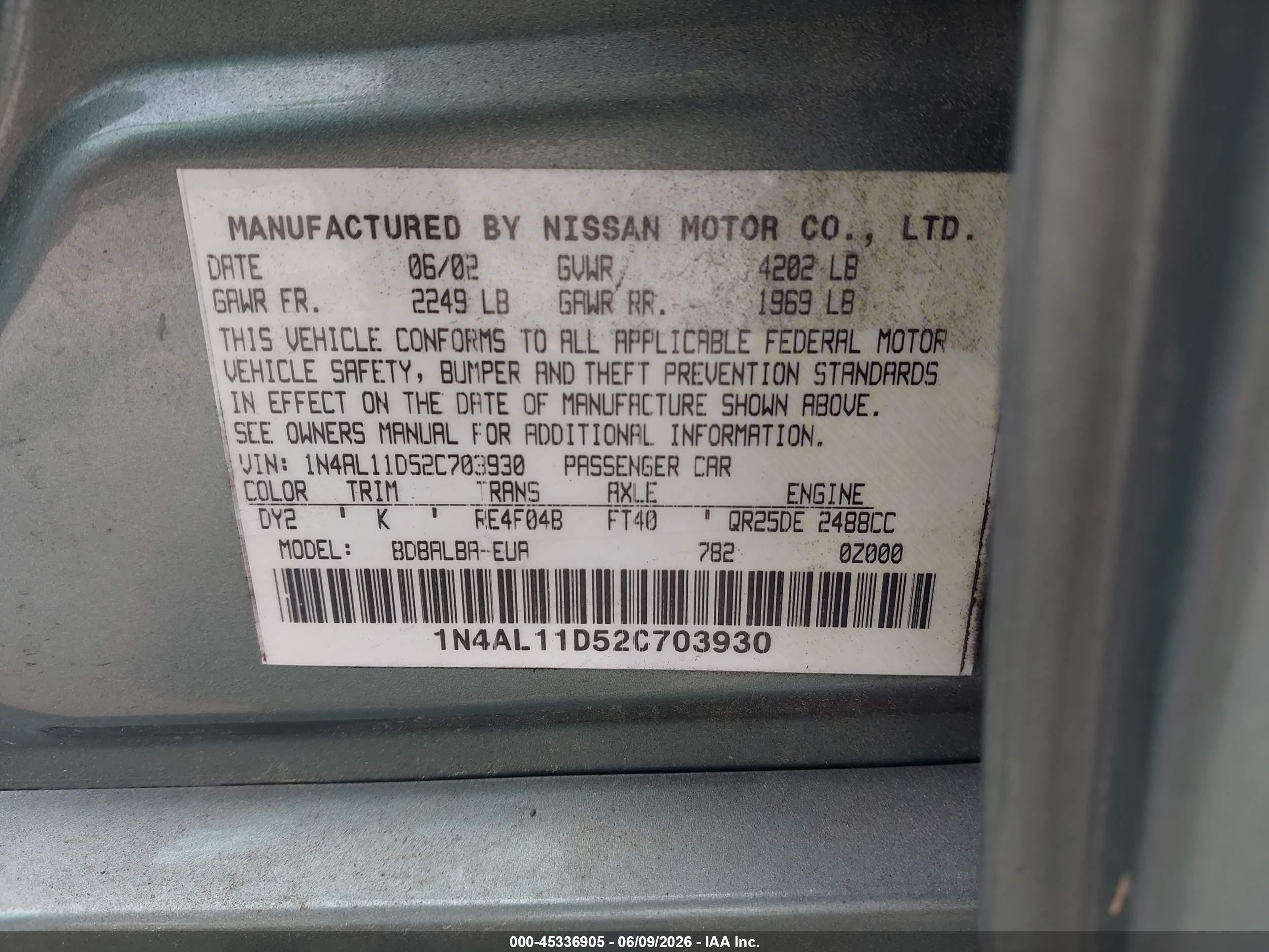 2002 Nissan Altima 2.5 S Teal vin: 1N4AL11D52C703930