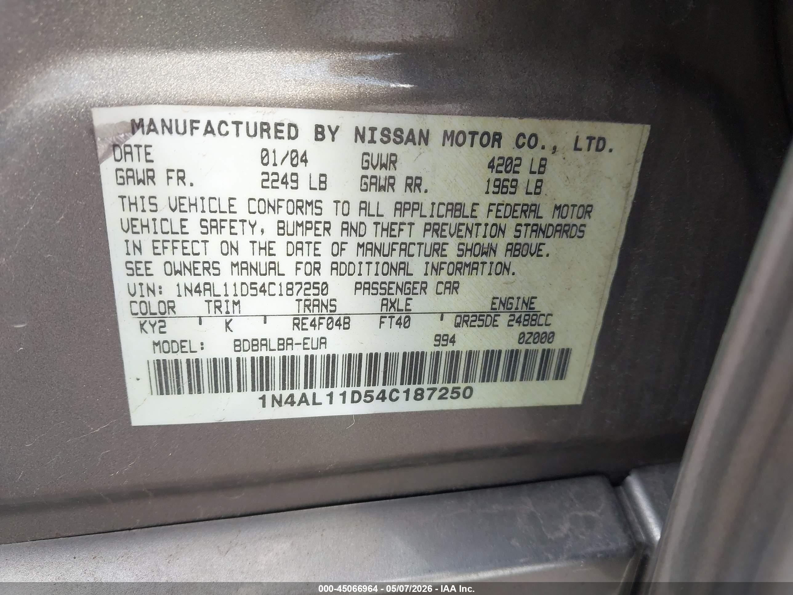 2004 Nissan Altima 2.5 S Серый vin: 1N4AL11D54C187250
