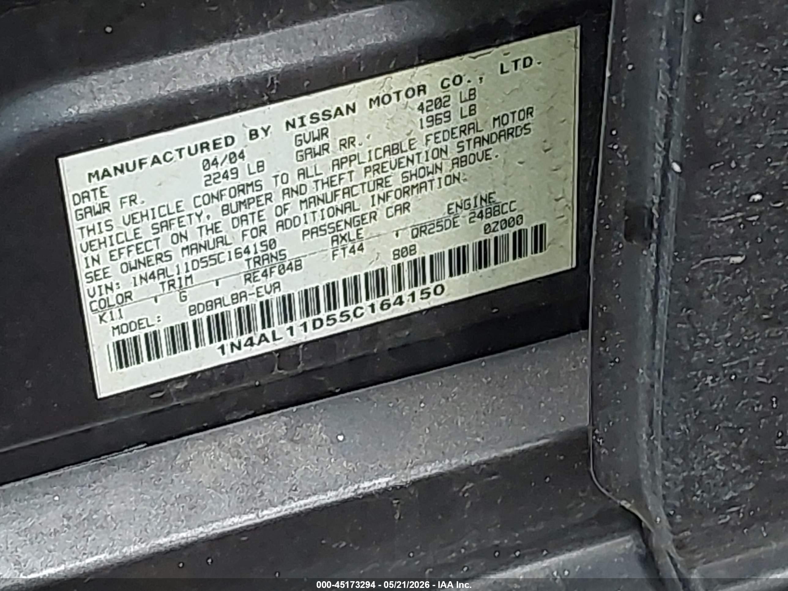 2005 Nissan Altima 2.5 S Gray vin: 1N4AL11D55C164150