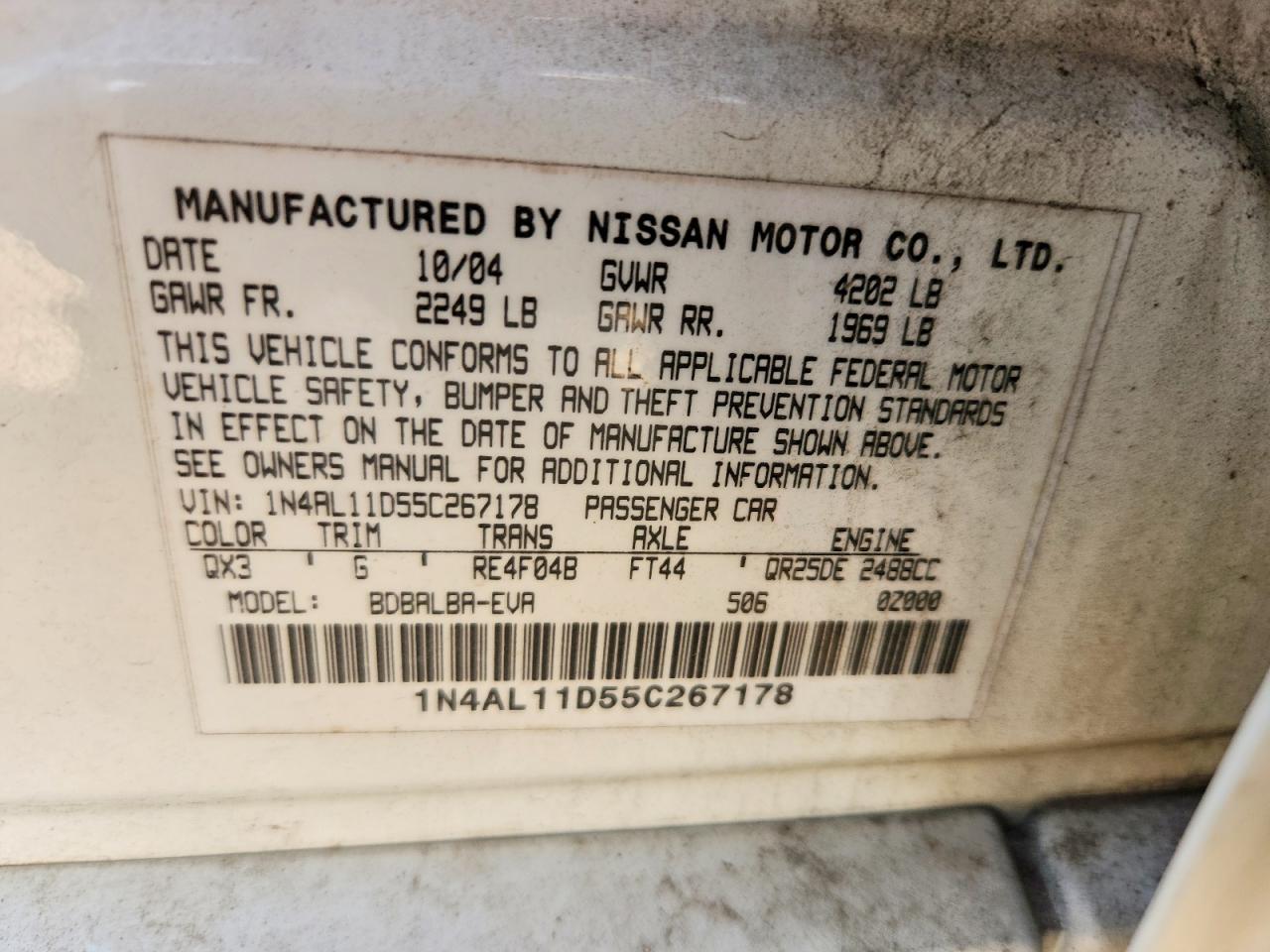 2005 Nissan Altima 2.5 White vin: 1N4AL11D55C267178