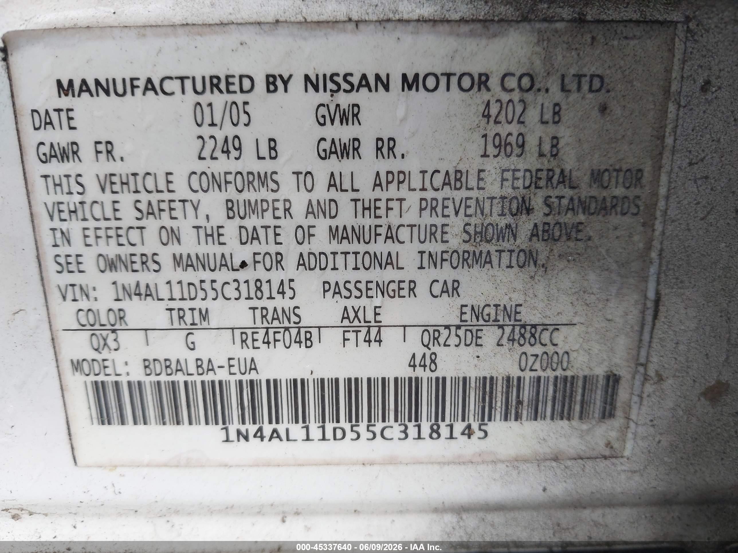 2005 Nissan Altima 2.5 S White vin: 1N4AL11D55C318145