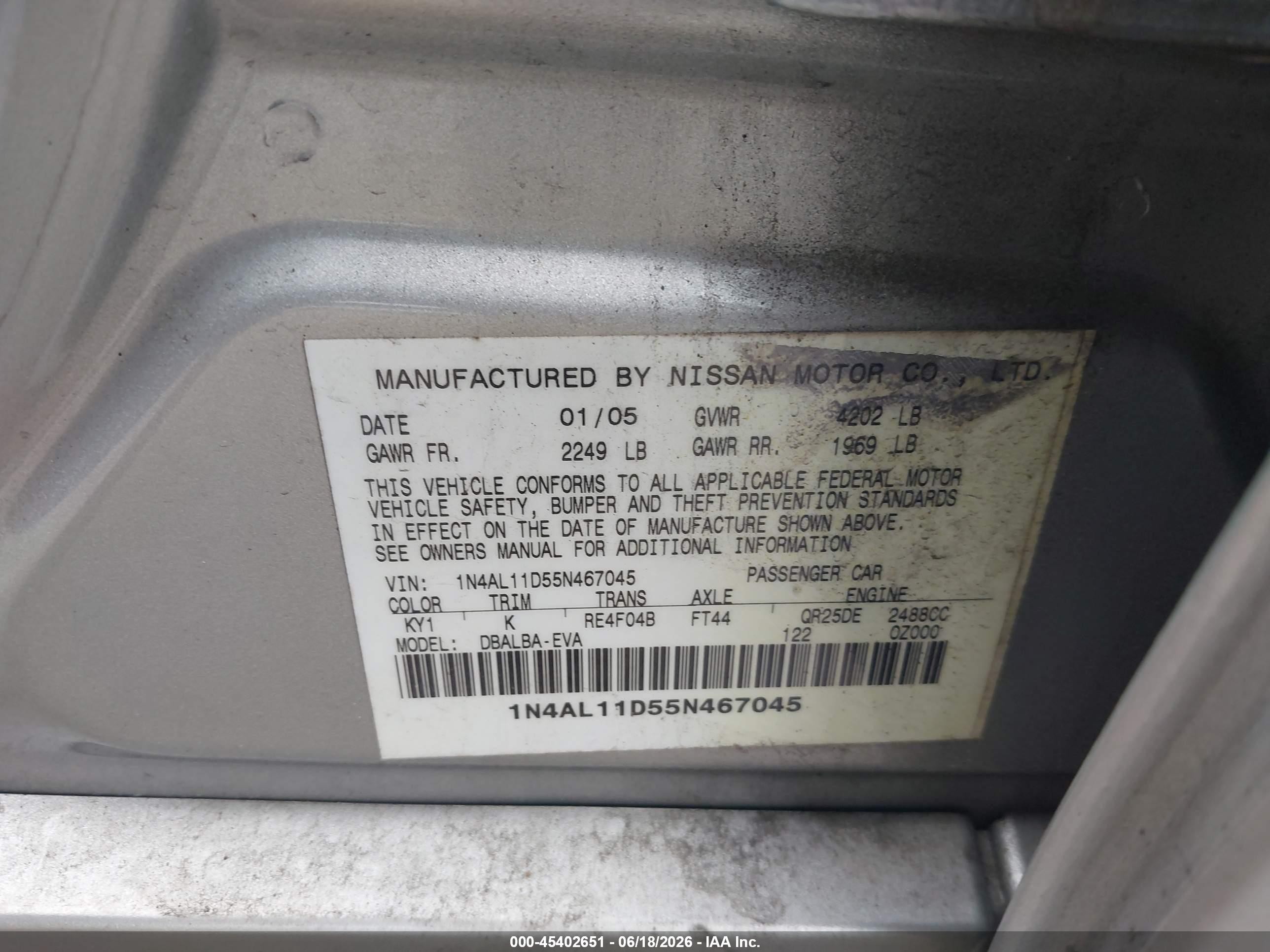 2005 Nissan Altima 2.5 S Silver vin: 1N4AL11D55N467045