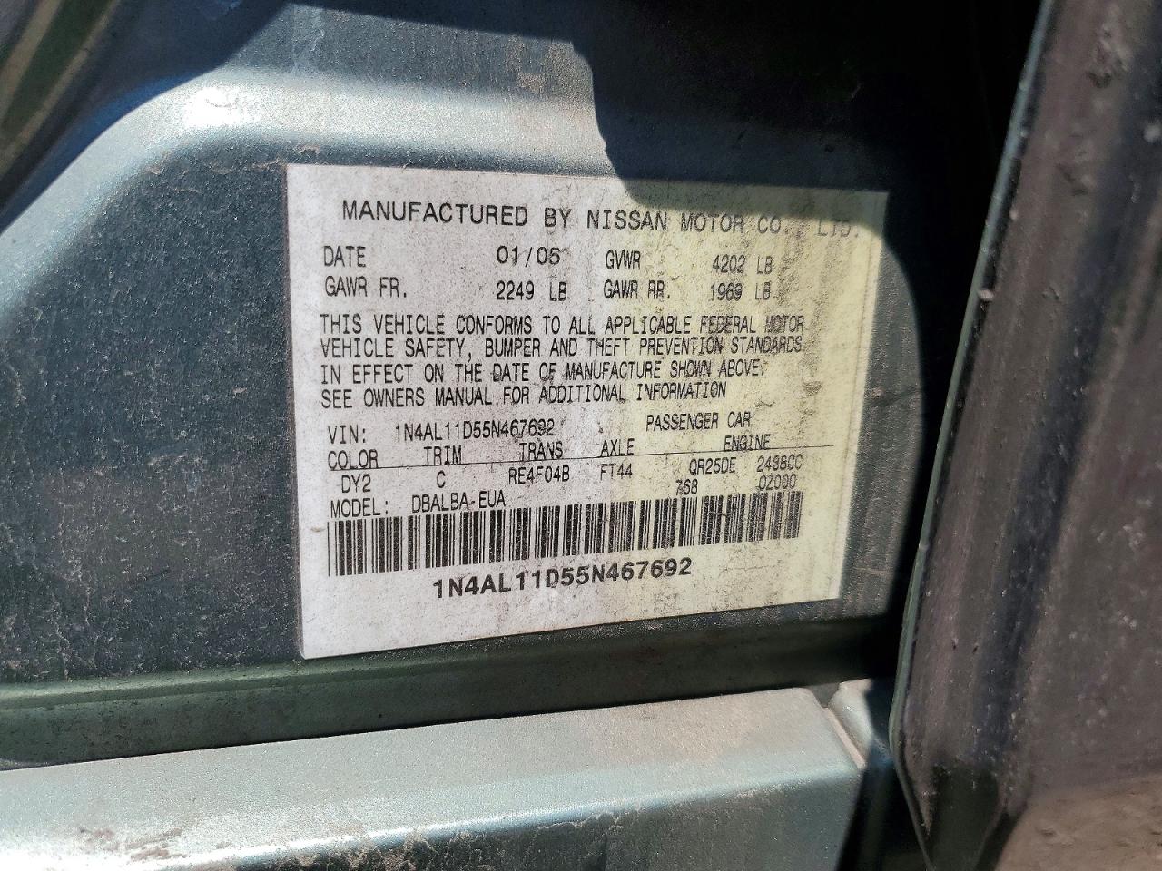 2005 Nissan Altima 2.5 Black vin: 1N4AL11D55N467692