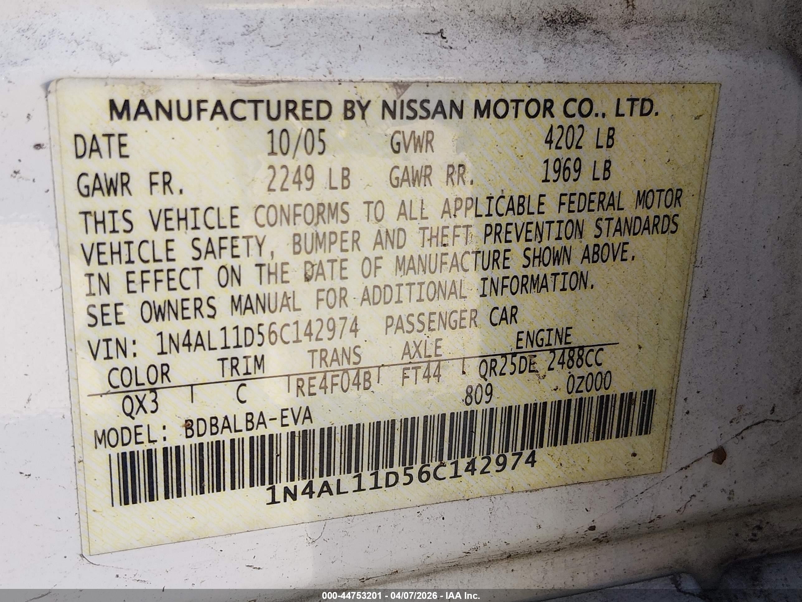 2006 Nissan Altima 2.5 S White vin: 1N4AL11D56C142974