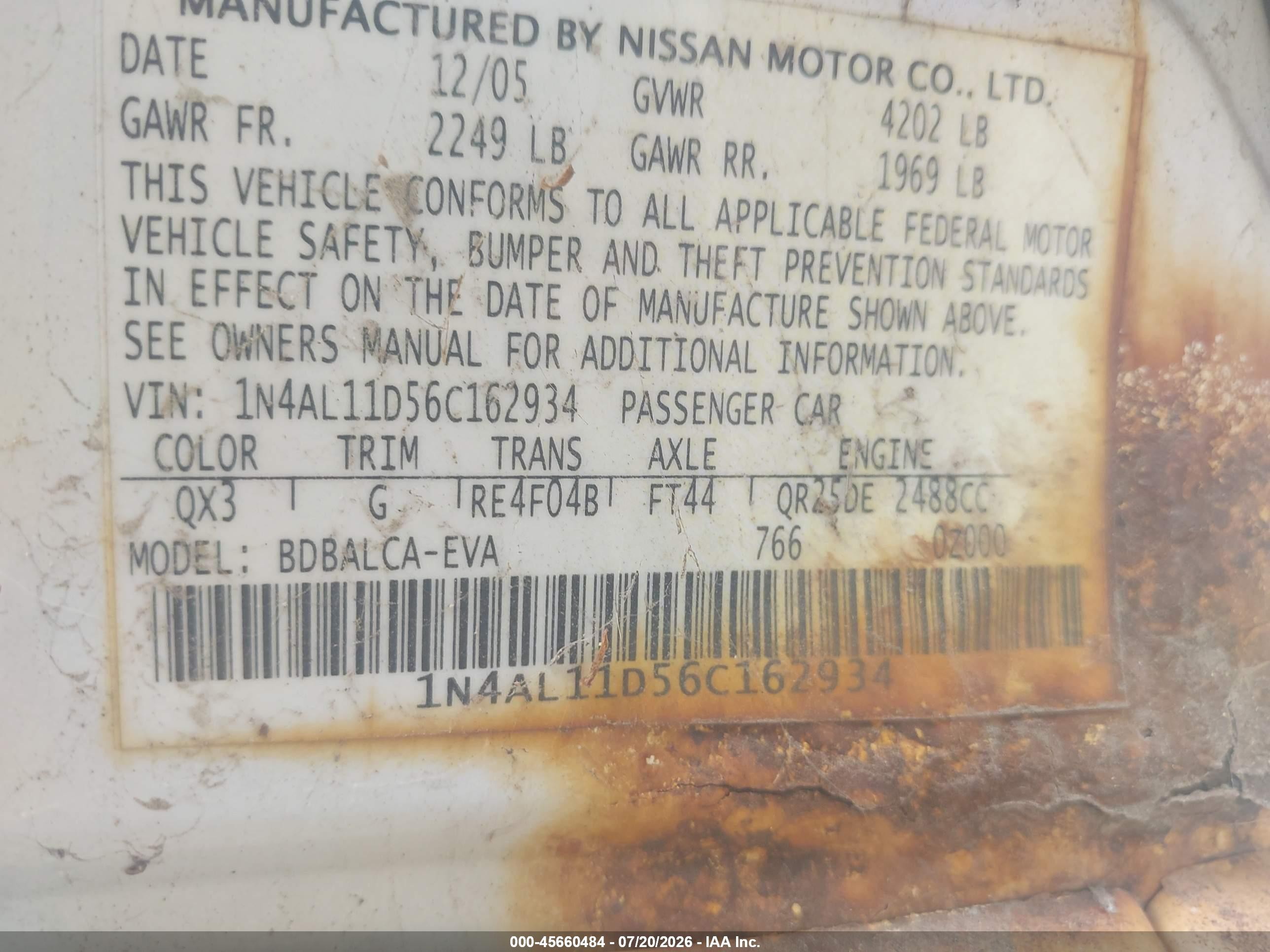 2006 Nissan Altima 2.5 S White vin: 1N4AL11D56C162934