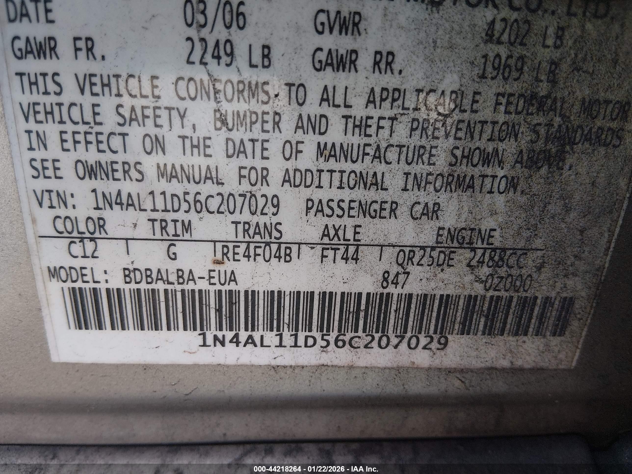 2006 Nissan Altima 2.5 S Champagne vin: 1N4AL11D56C207029