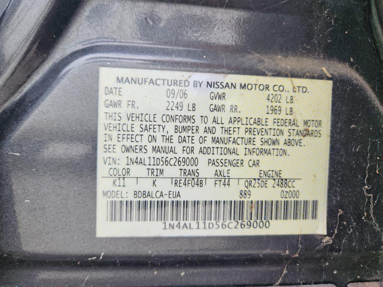2006 Nissan Altima 2.5 Gray vin: 1N4AL11D56C269000