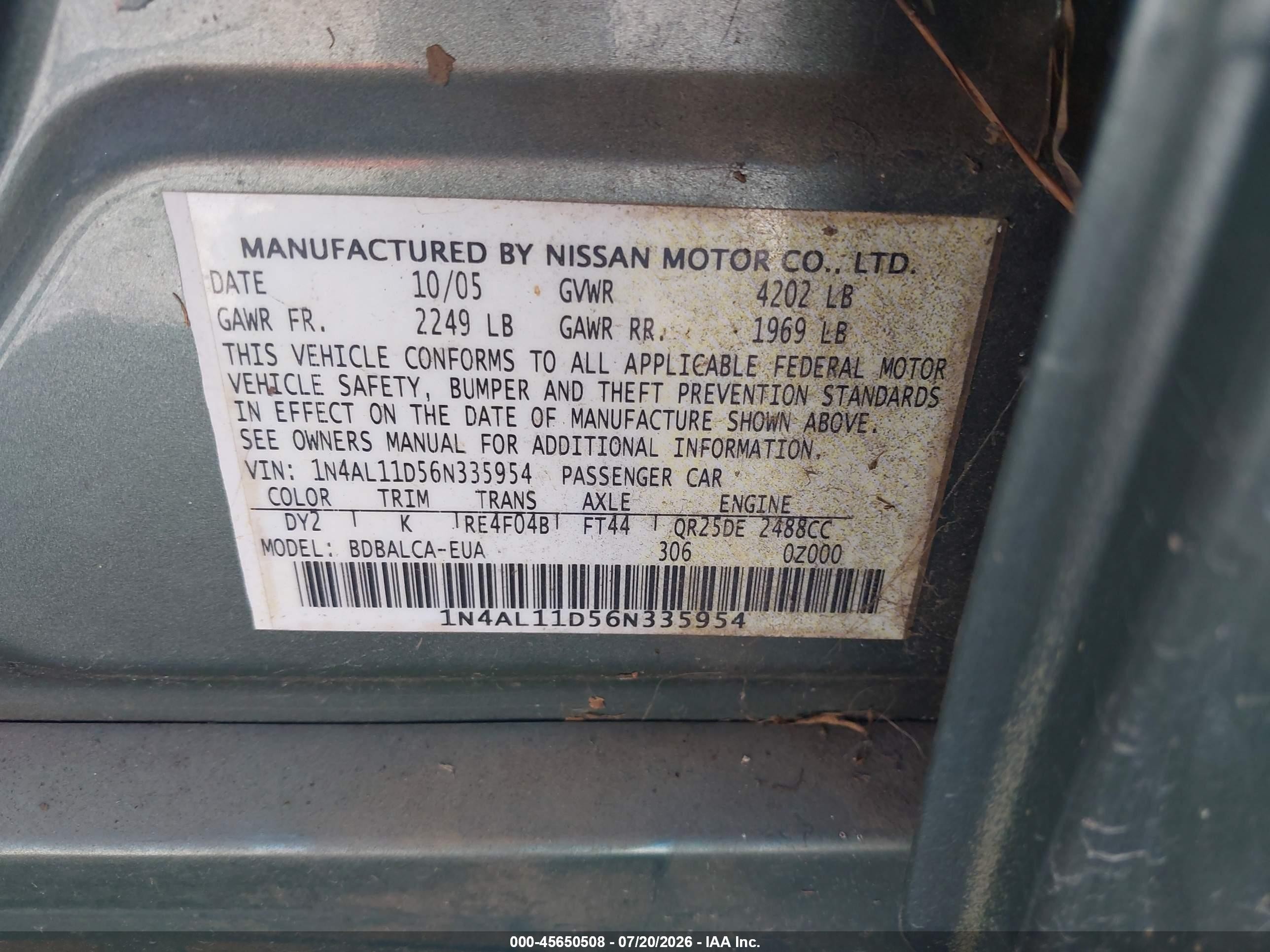 2006 Nissan Altima 2.5 S Green vin: 1N4AL11D56N335954
