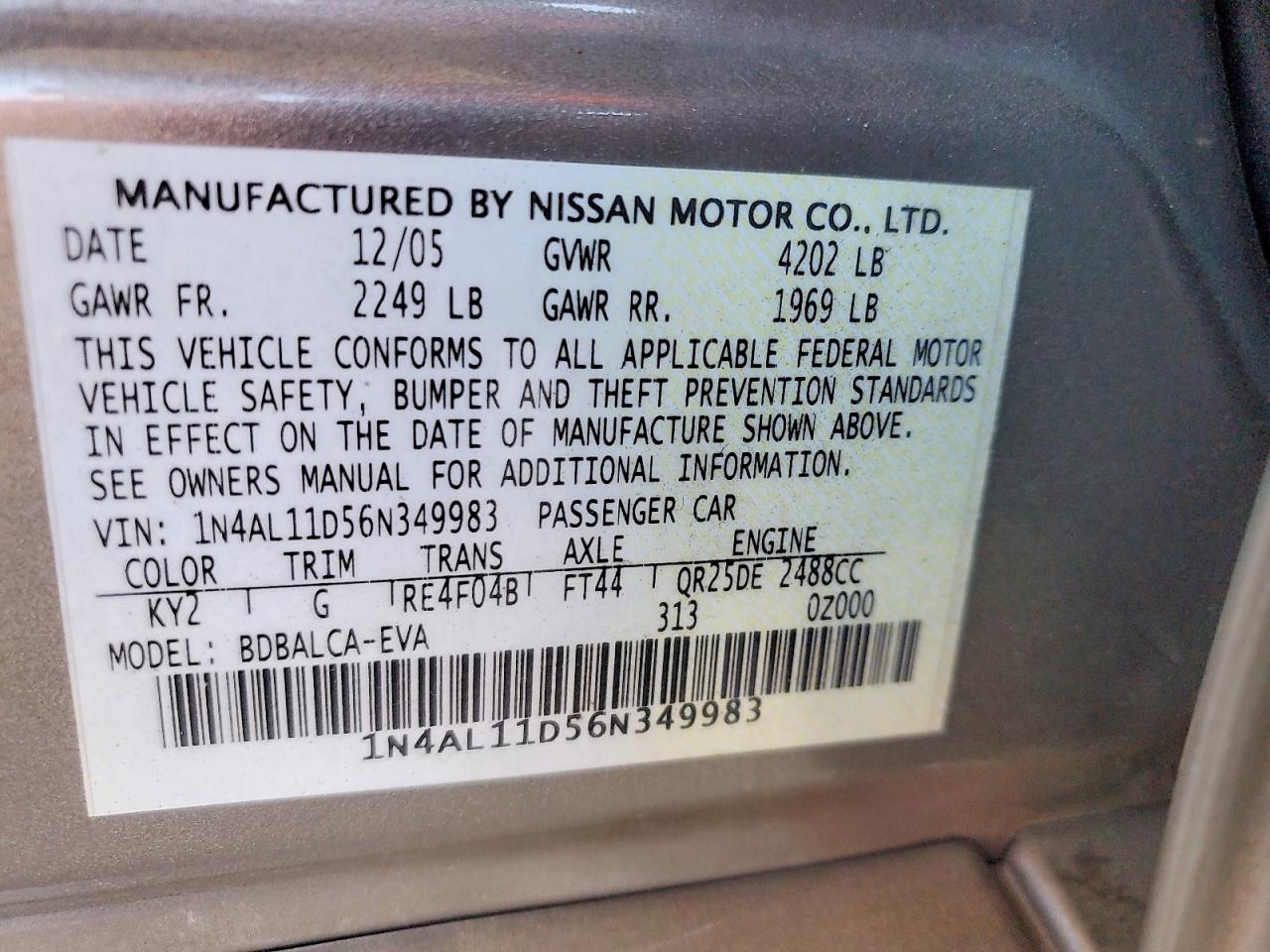 2006 Nissan Altima 2.5 Gray vin: 1N4AL11D56N349983