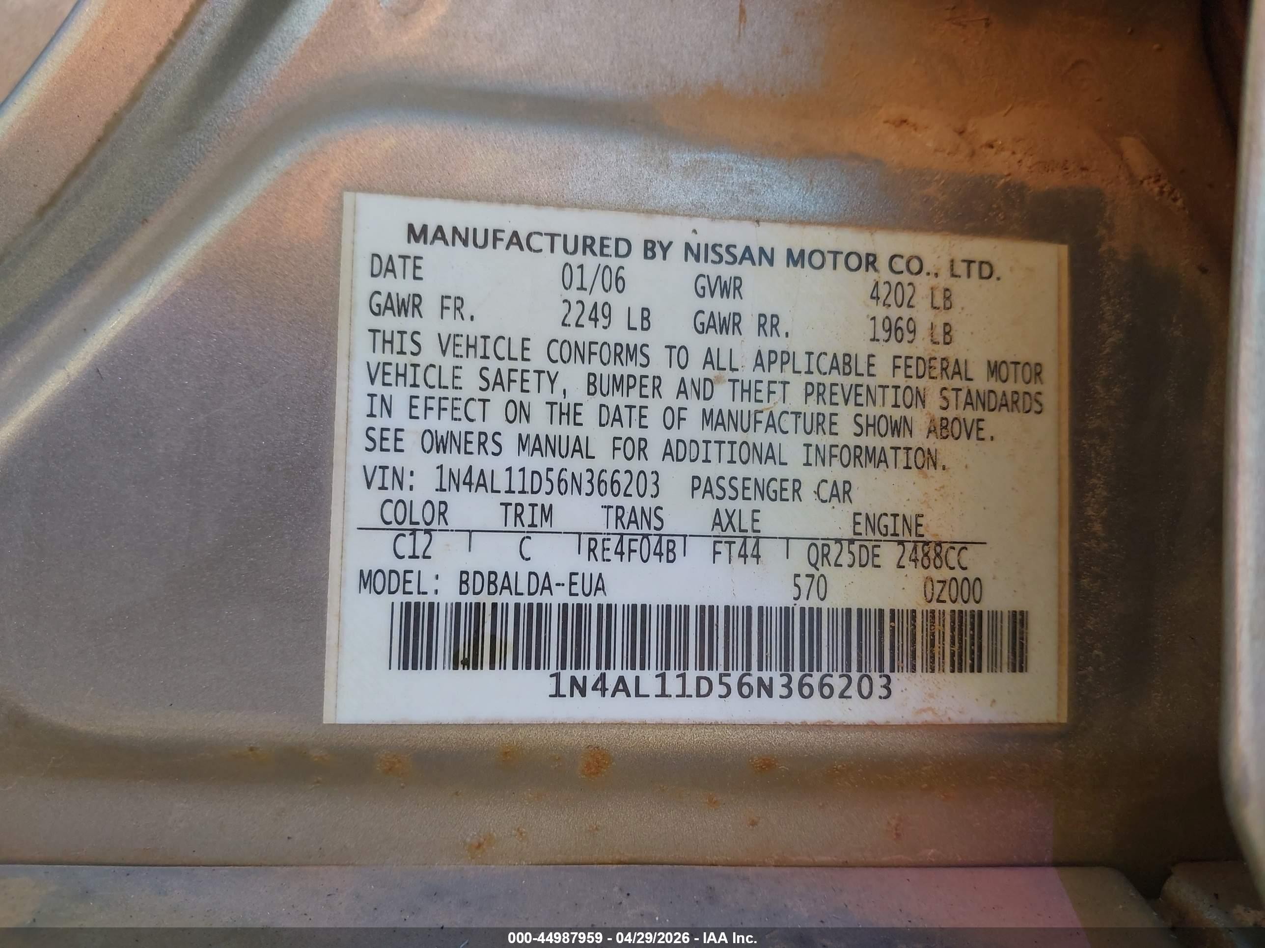 2006 Nissan Altima 2.5 S Champagne vin: 1N4AL11D56N366203