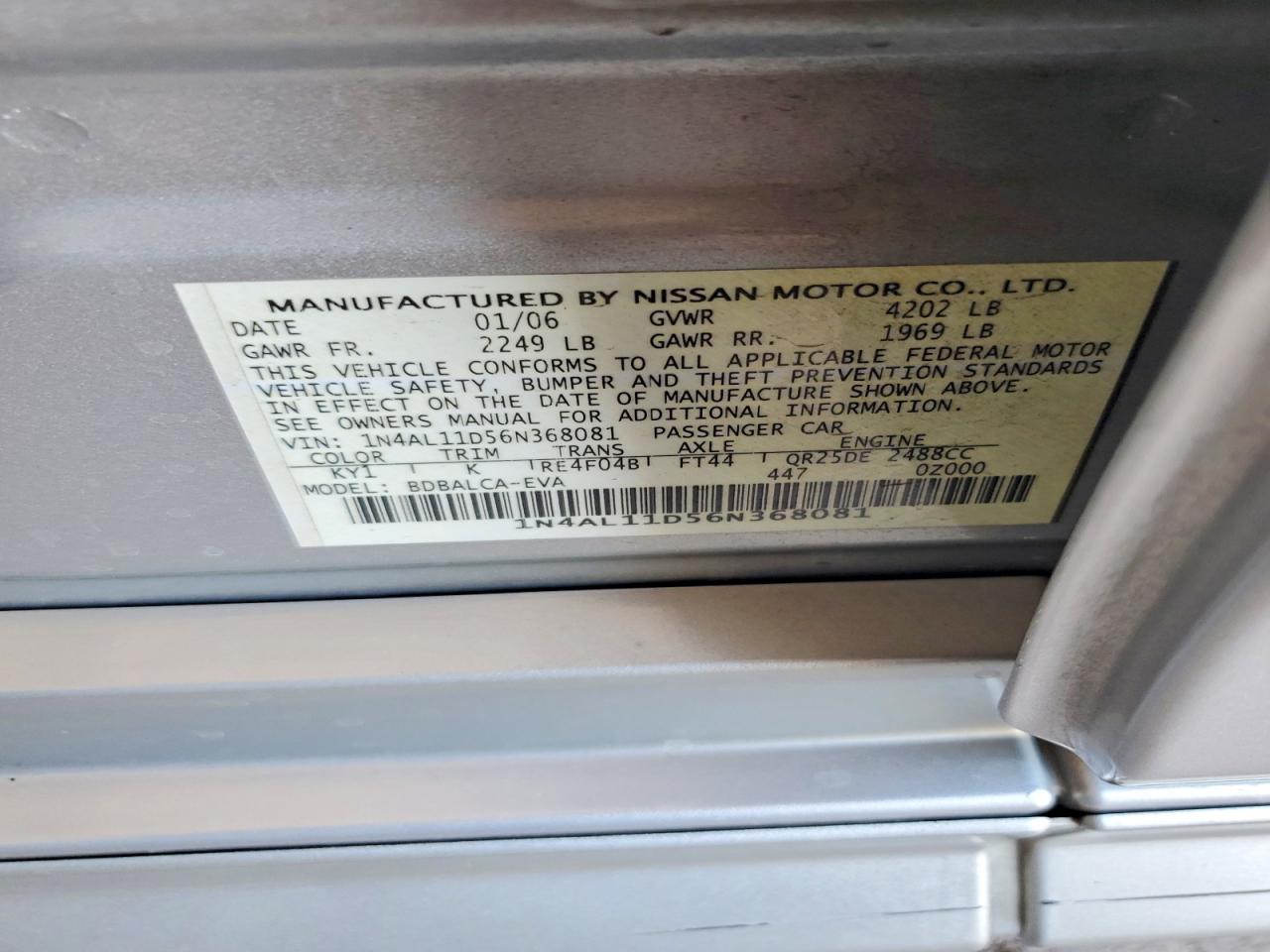 2006 Nissan Altima S/sl Silver vin: 1N4AL11D56N368081