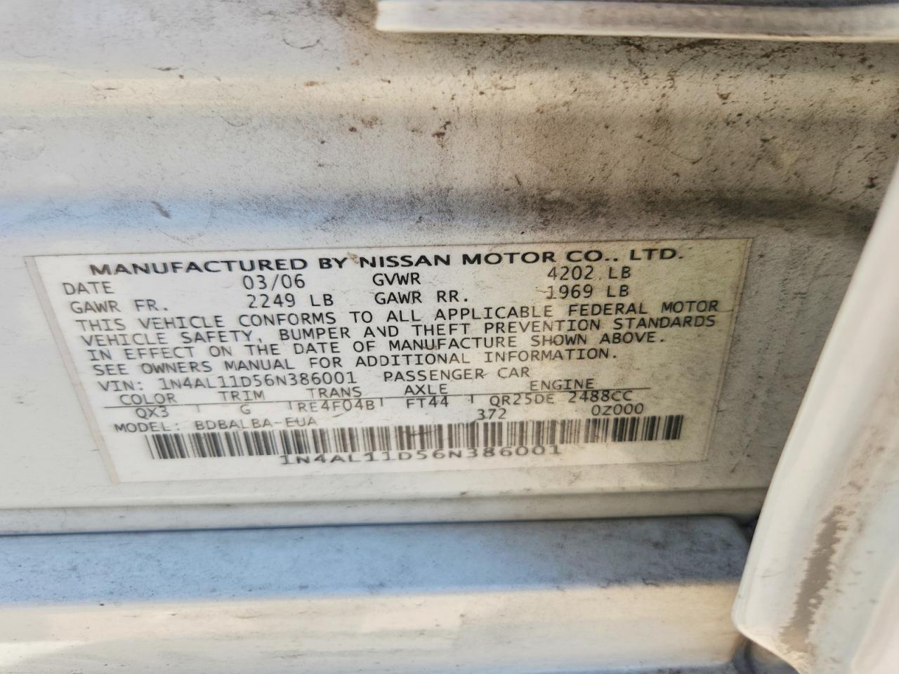 2006 Nissan Altima 2.5 White vin: 1N4AL11D56N386001