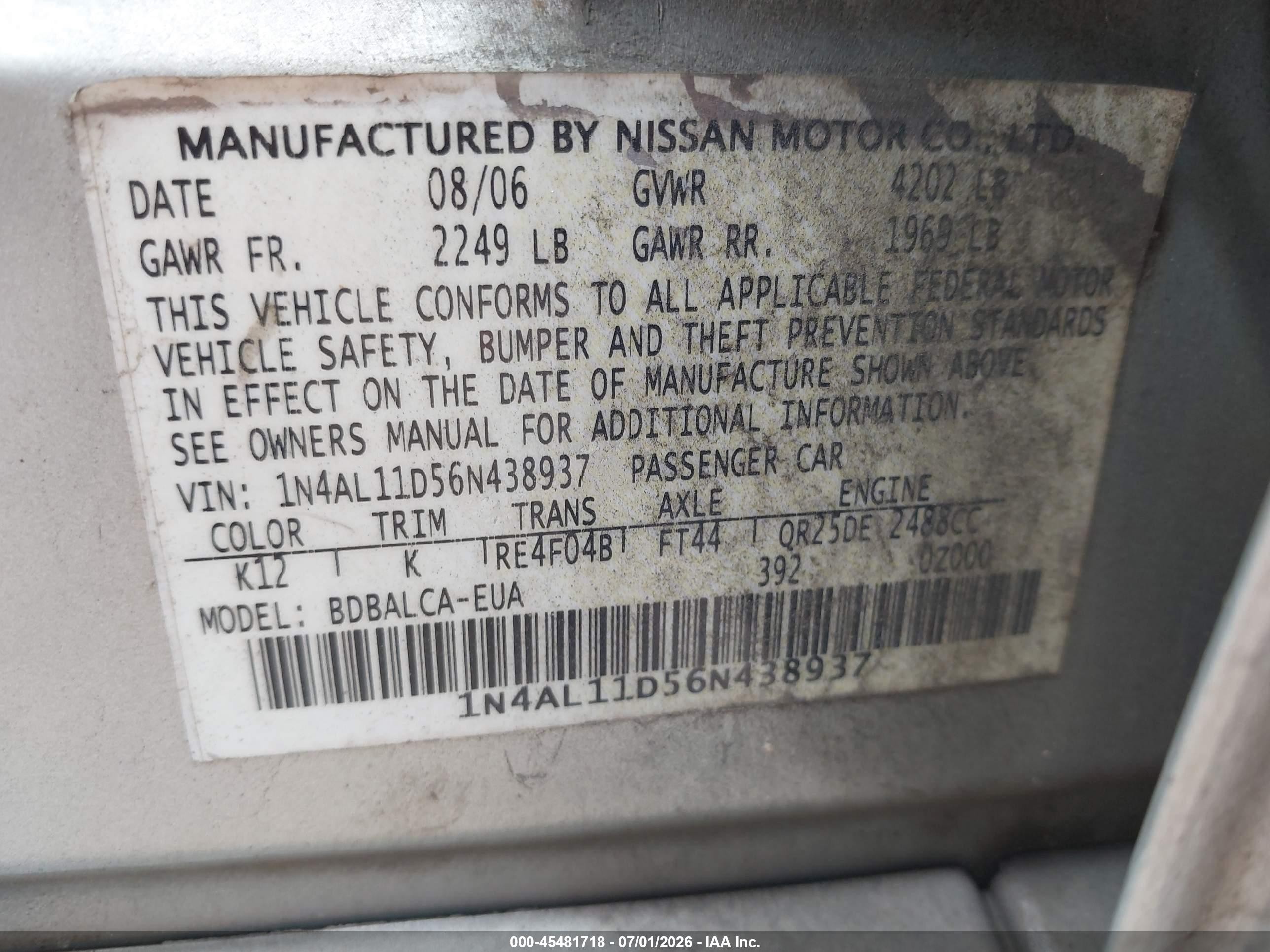 2006 Nissan Altima 2.5 S Silver vin: 1N4AL11D56N438937