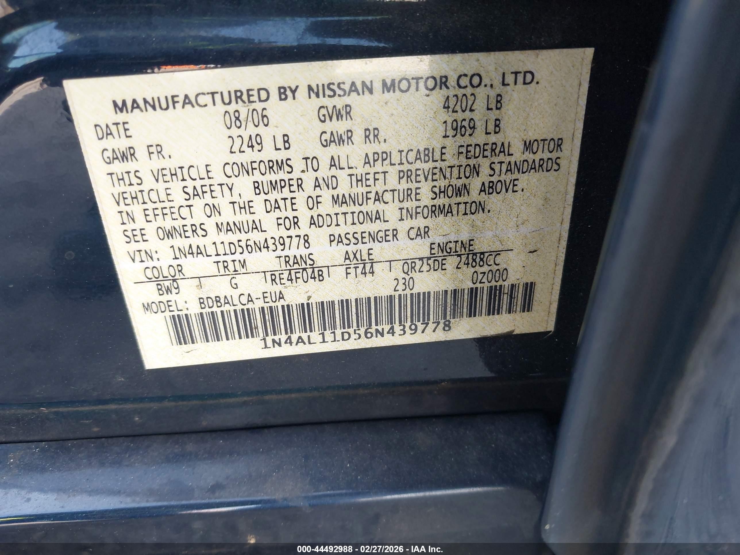 2006 Nissan Altima 2.5 S Blue vin: 1N4AL11D56N439778