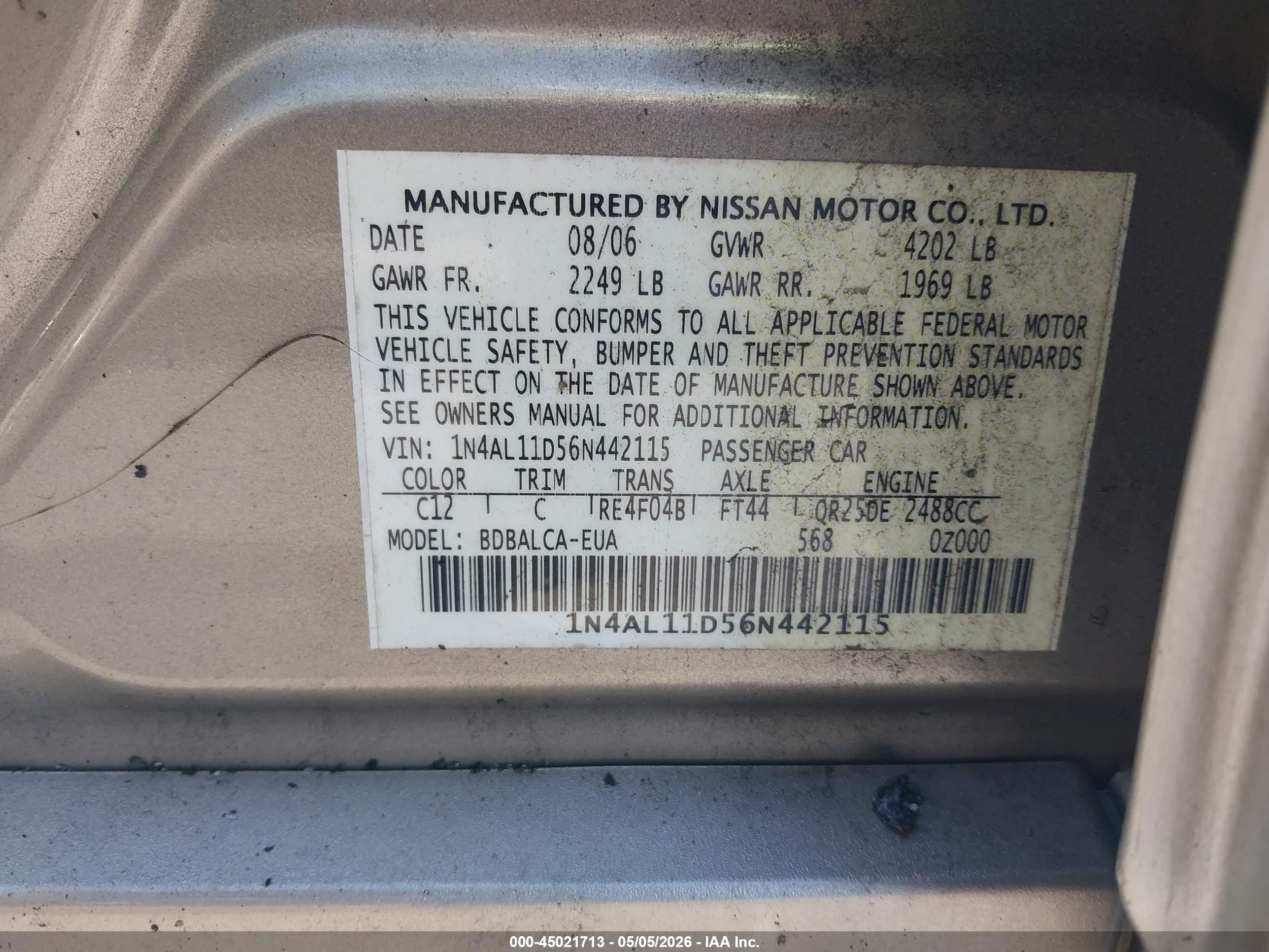 2006 Nissan Altima 2.5 S Бежевый vin: 1N4AL11D56N442115