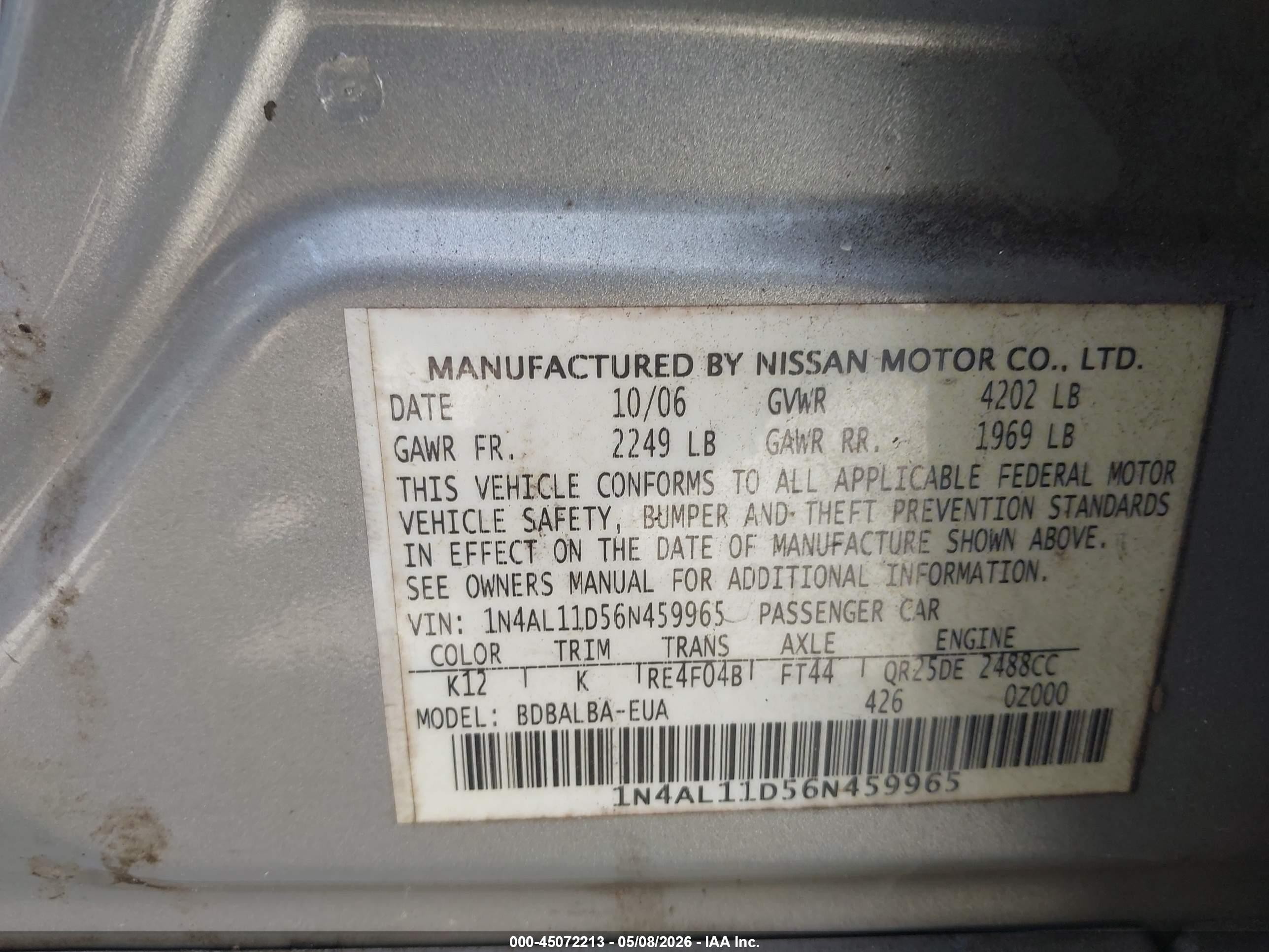 2006 Nissan Altima 2.5 S Silver vin: 1N4AL11D56N459965