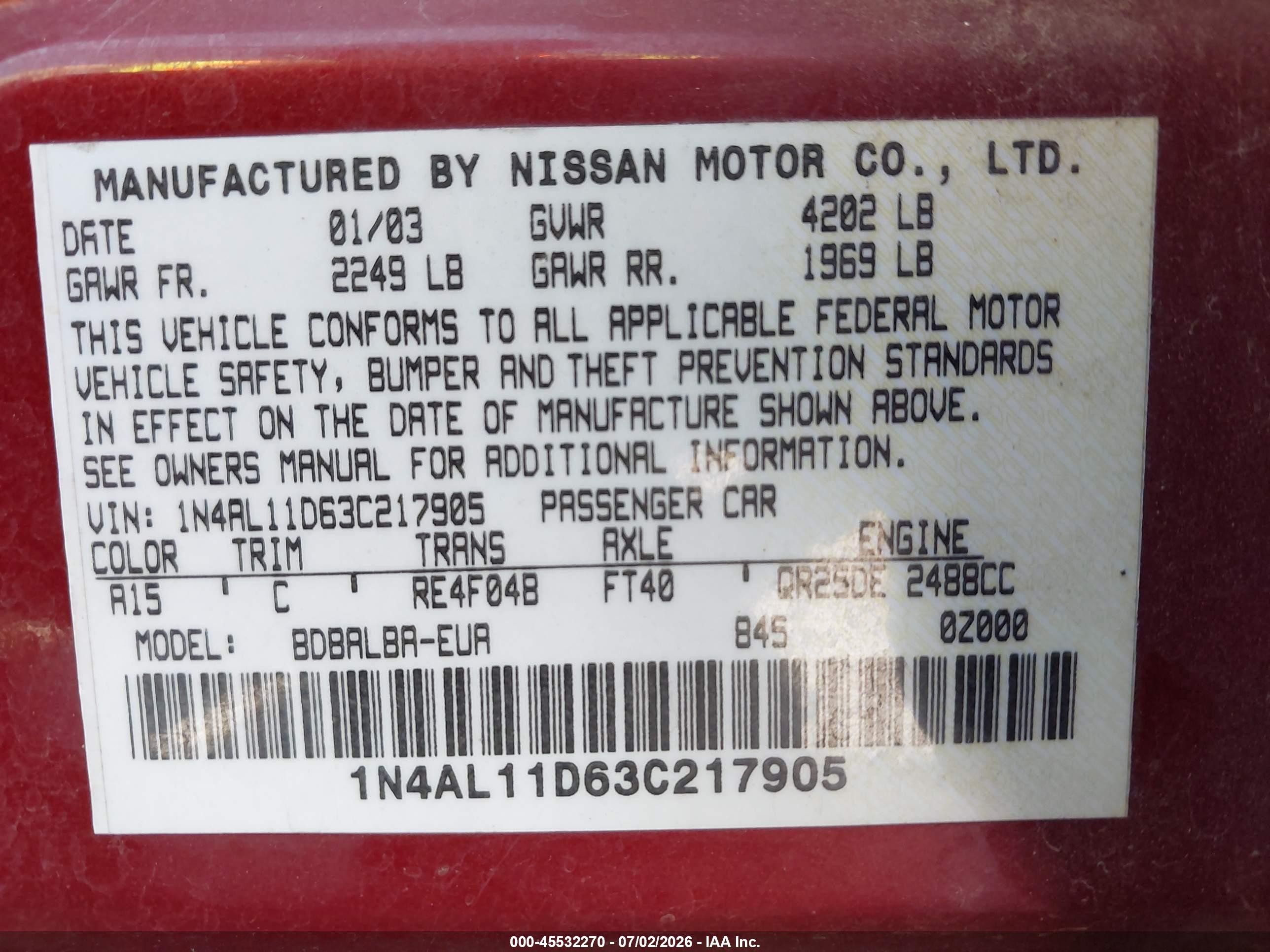 2003 Nissan Altima 2.5 S Burgundy vin: 1N4AL11D63C217905