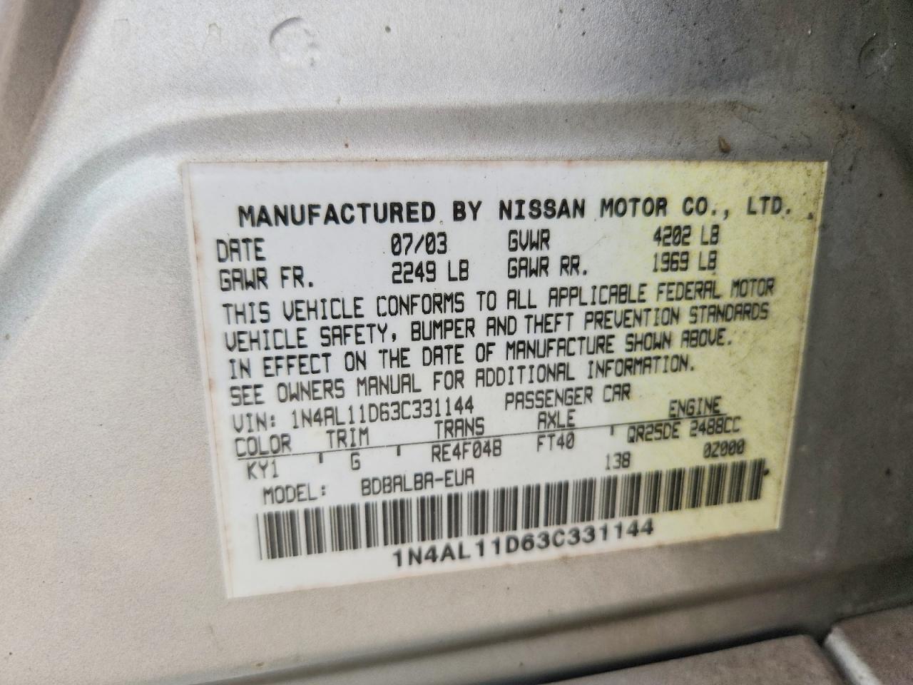 2003 Nissan Altima Base/s/sl Серебряный vin: 1N4AL11D63C331144