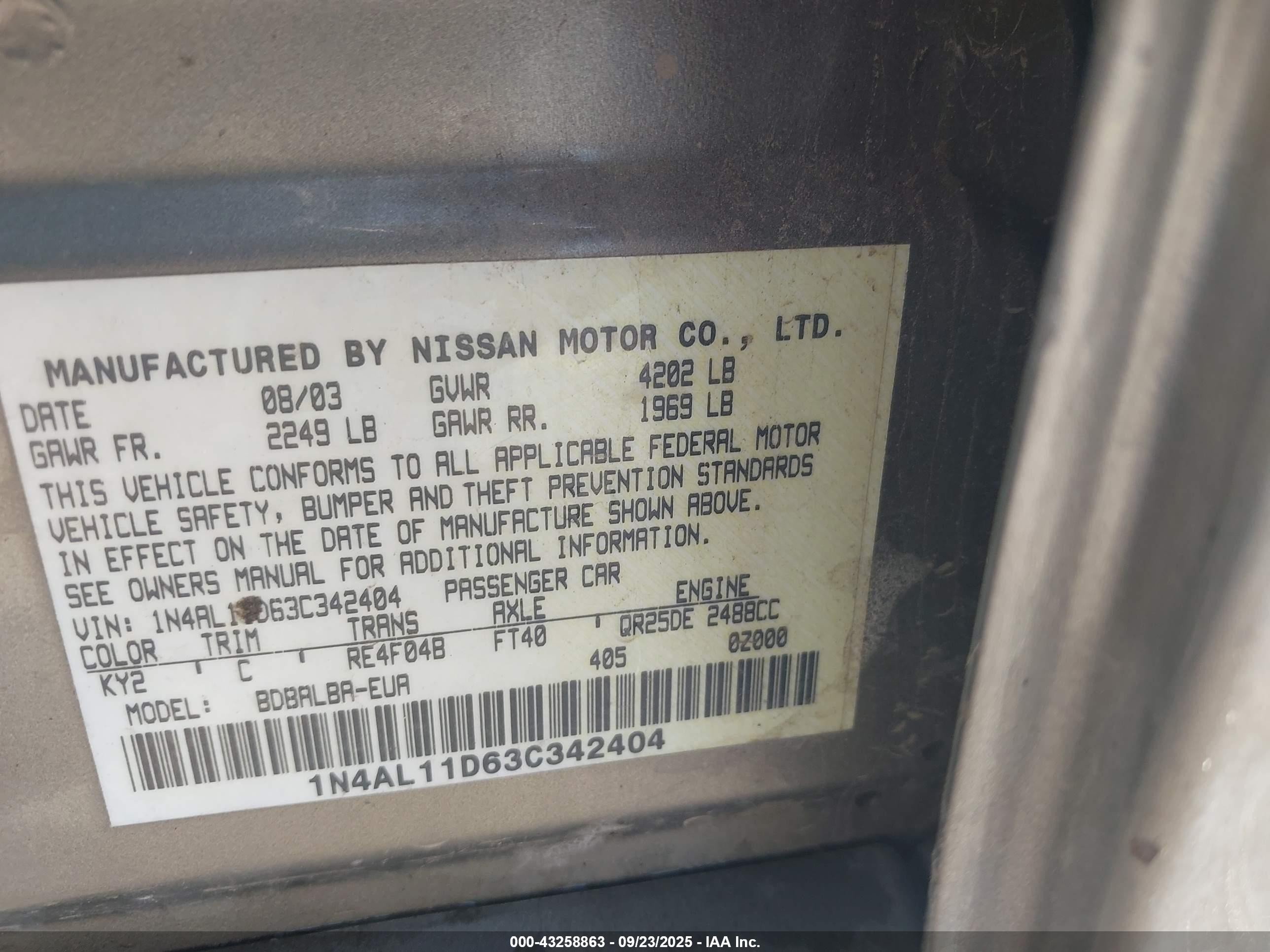 2003 Nissan Altima 2.5 S Gray vin: 1N4AL11D63C342404