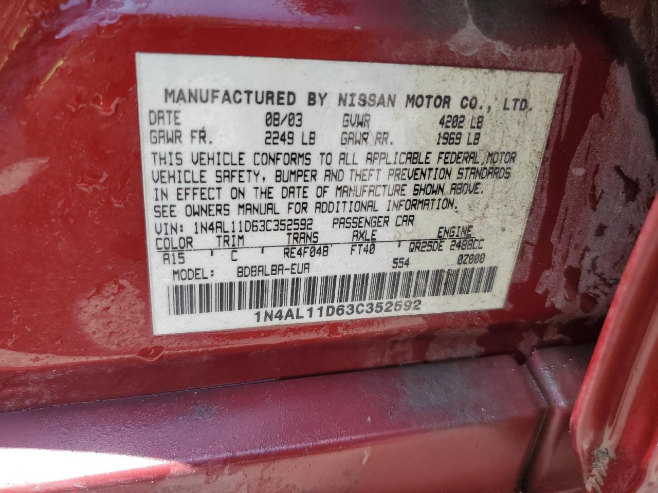 2003 Nissan Altima Base Burgundy vin: 1N4AL11D63C352592